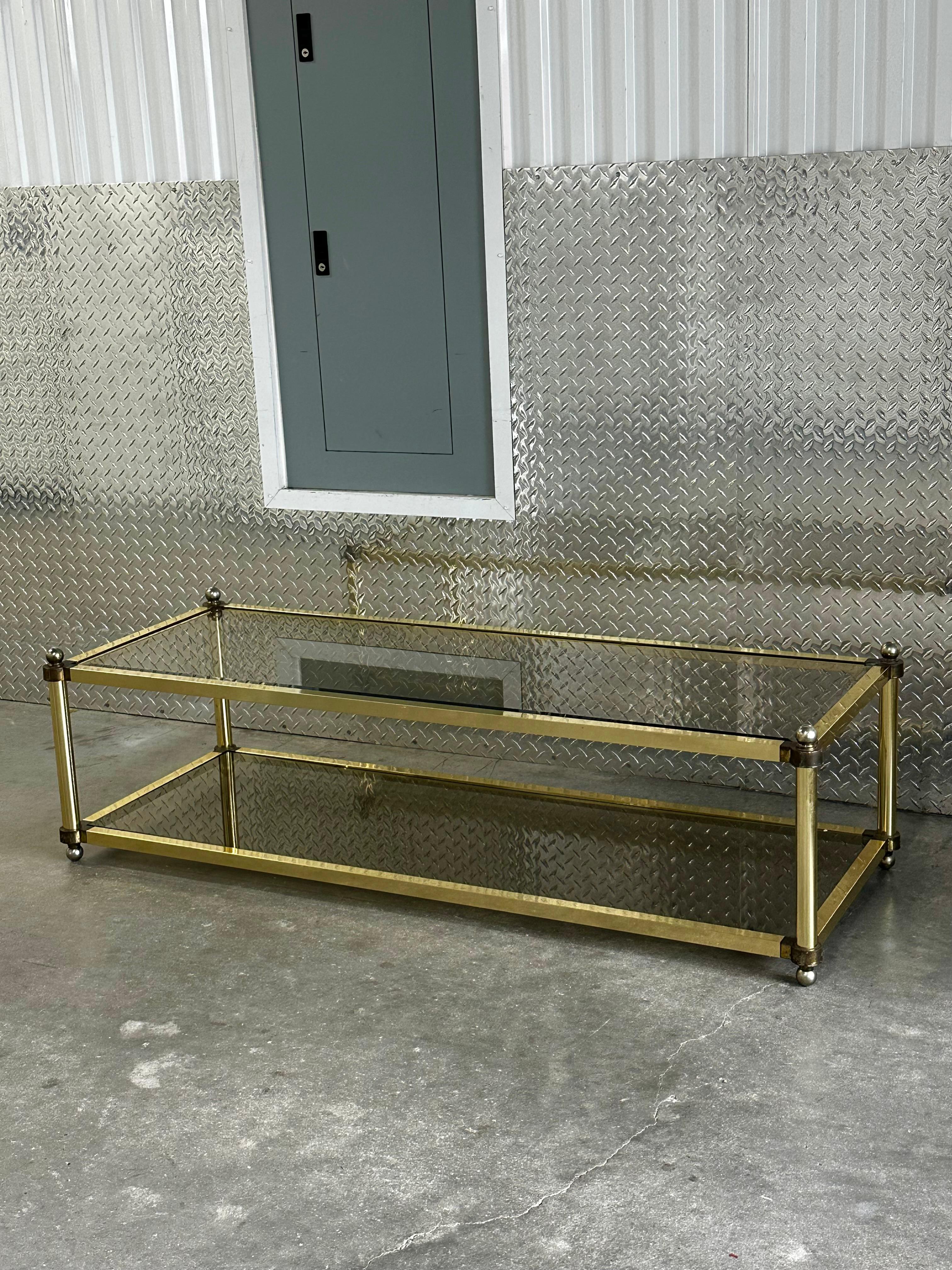 1970s Brass Smoked Glass Jansen Italian Rectangular Coffee Table In Good Condition For Sale In Fort Lauderdale, FL