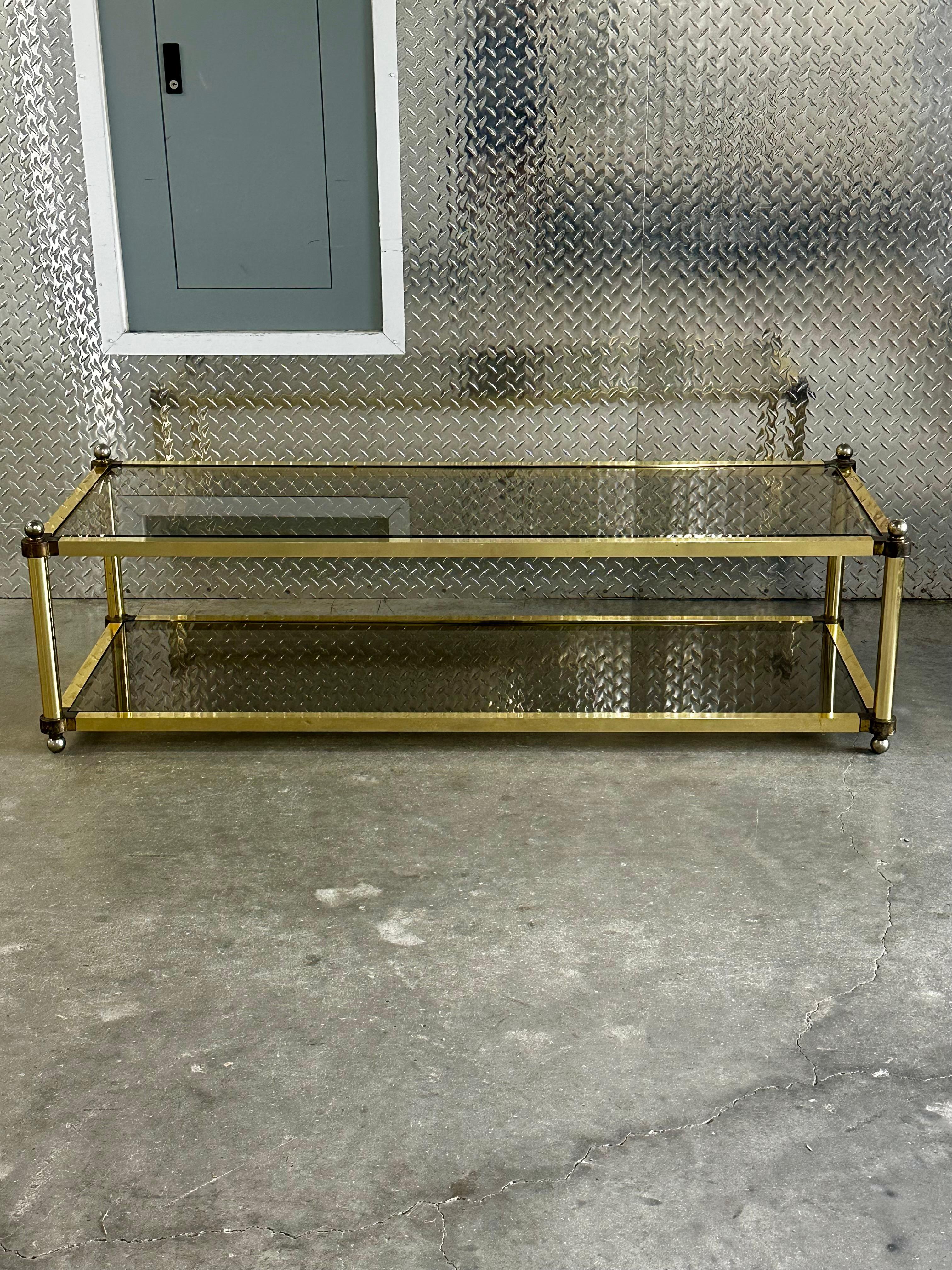 Late 20th Century 1970s Brass Smoked Glass Jansen Italian Rectangular Coffee Table For Sale