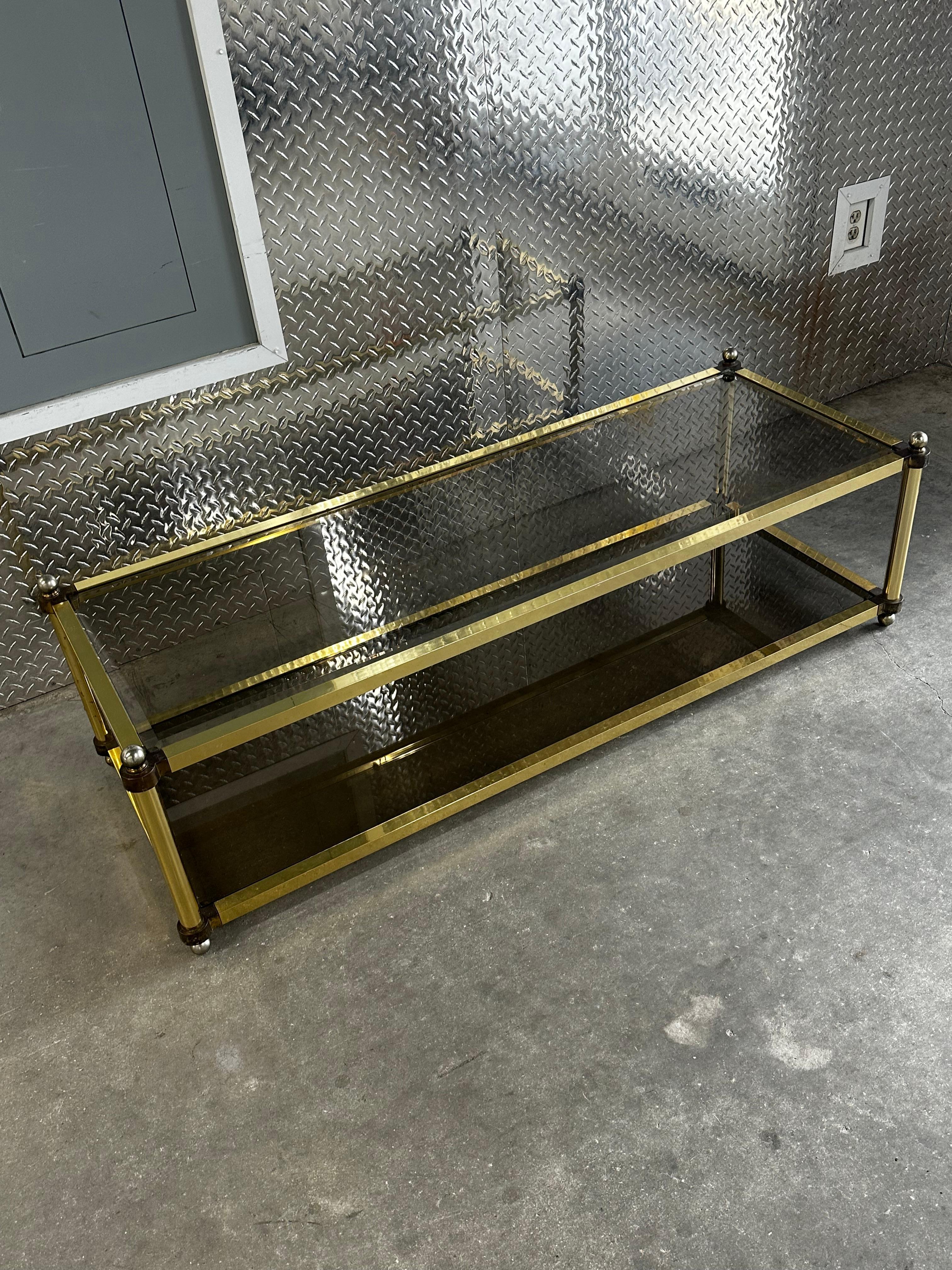 1970s Brass Smoked Glass Jansen Italian Rectangular Coffee Table For Sale 1