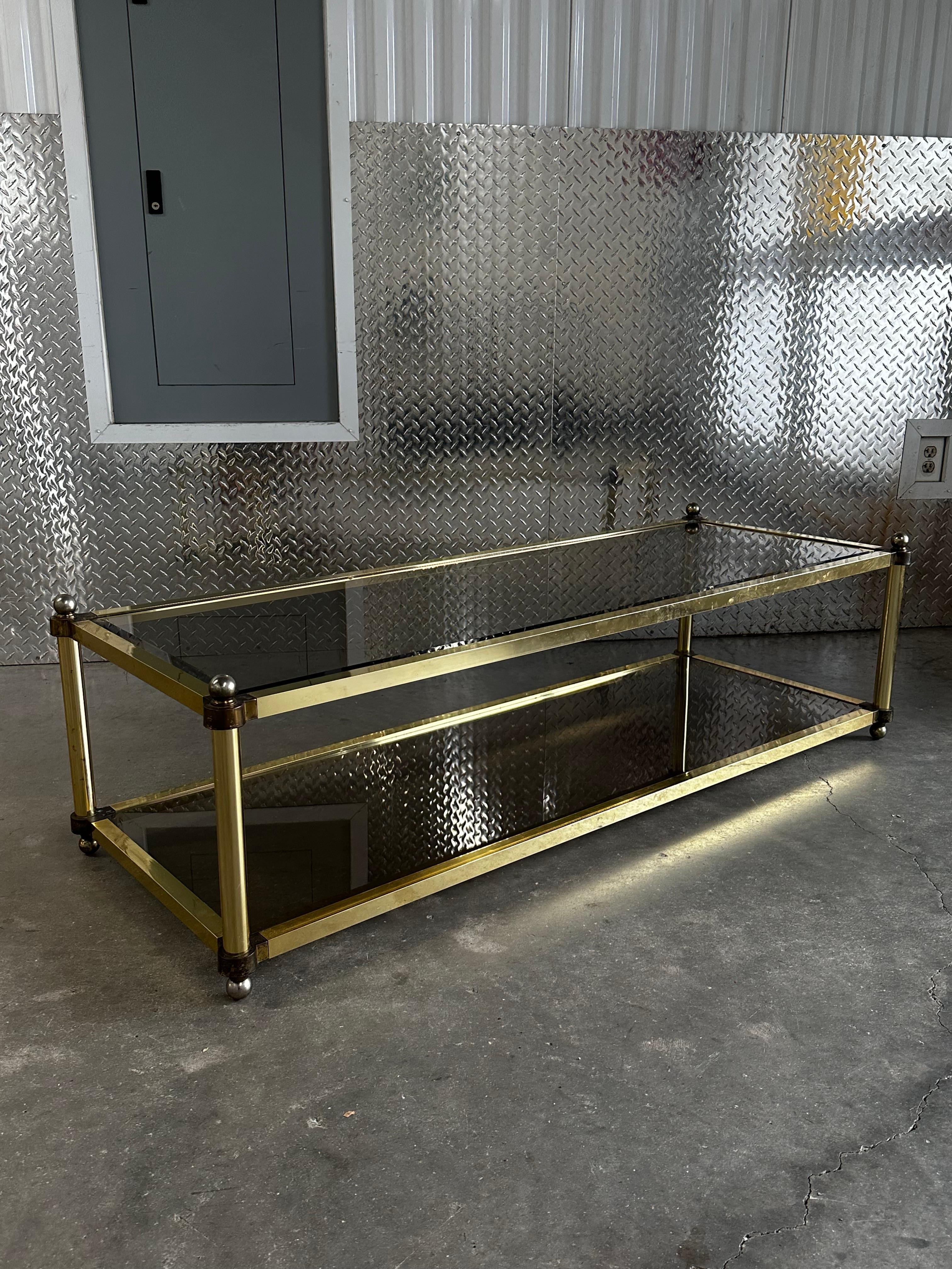 1970s Brass Smoked Glass Jansen Italian Rectangular Coffee Table For Sale 2