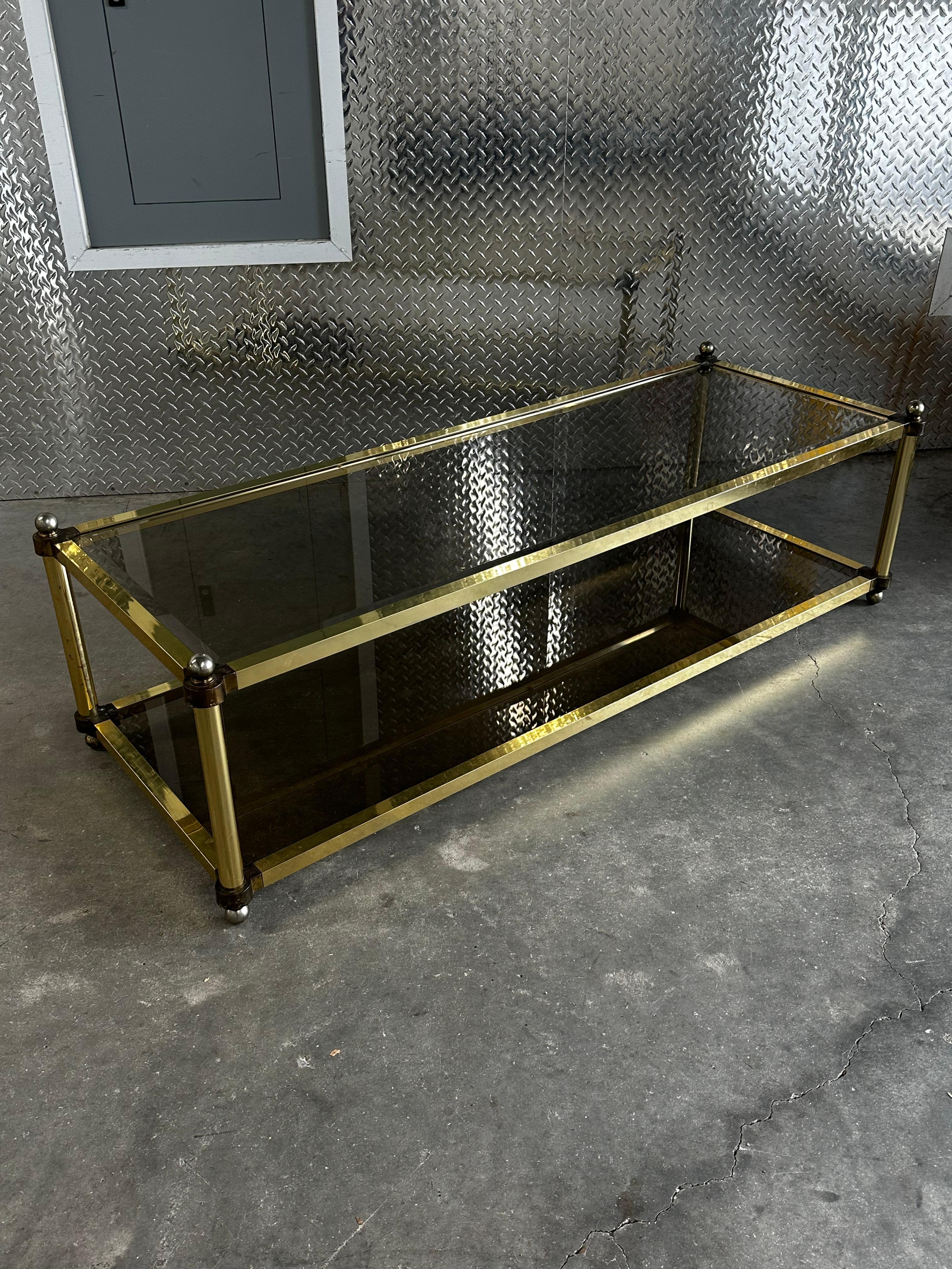 1970s Brass Smoked Glass Jansen Italian Rectangular Coffee Table For Sale 3