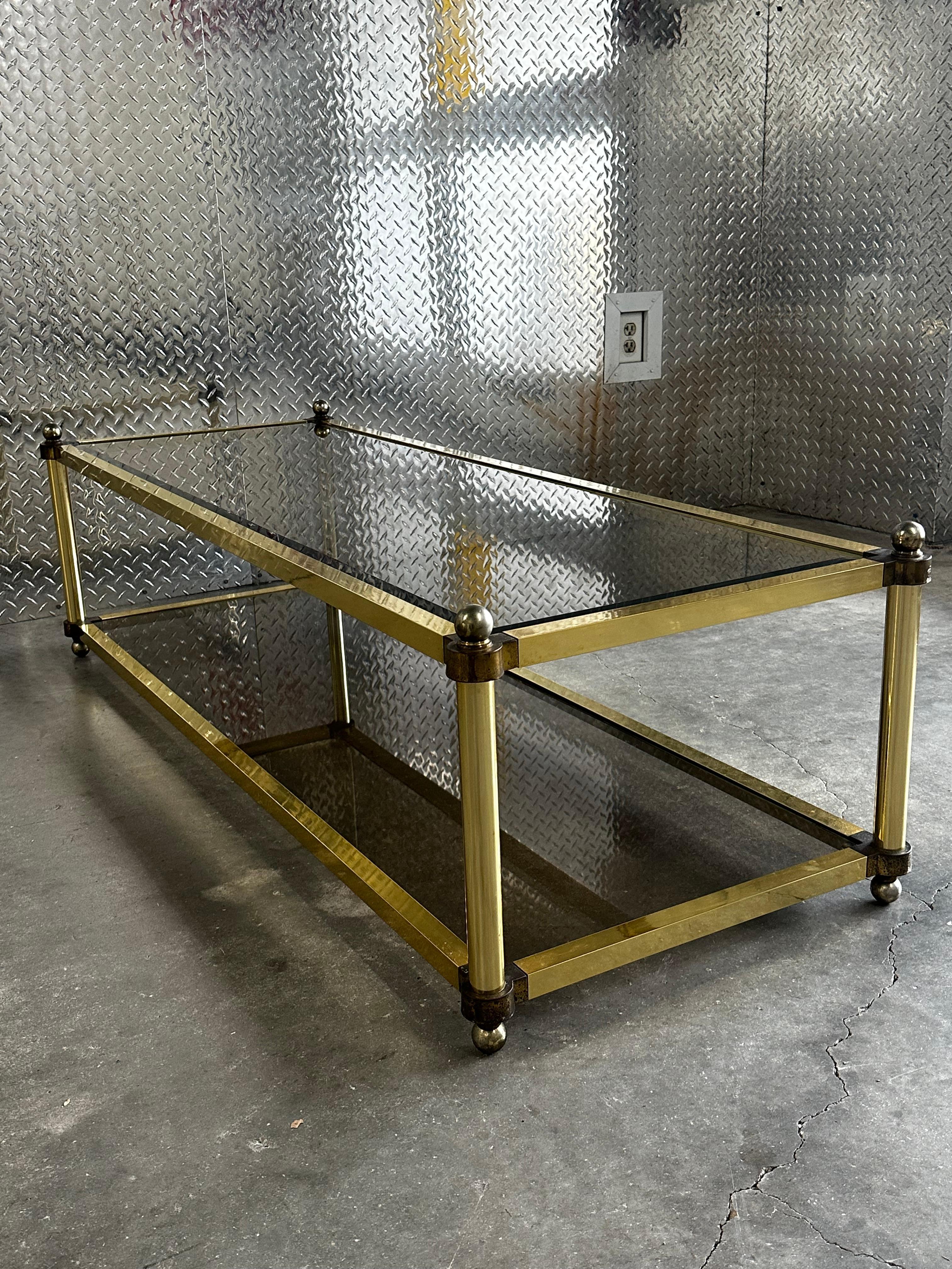 1970s Brass Smoked Glass Jansen Italian Rectangular Coffee Table For Sale 4