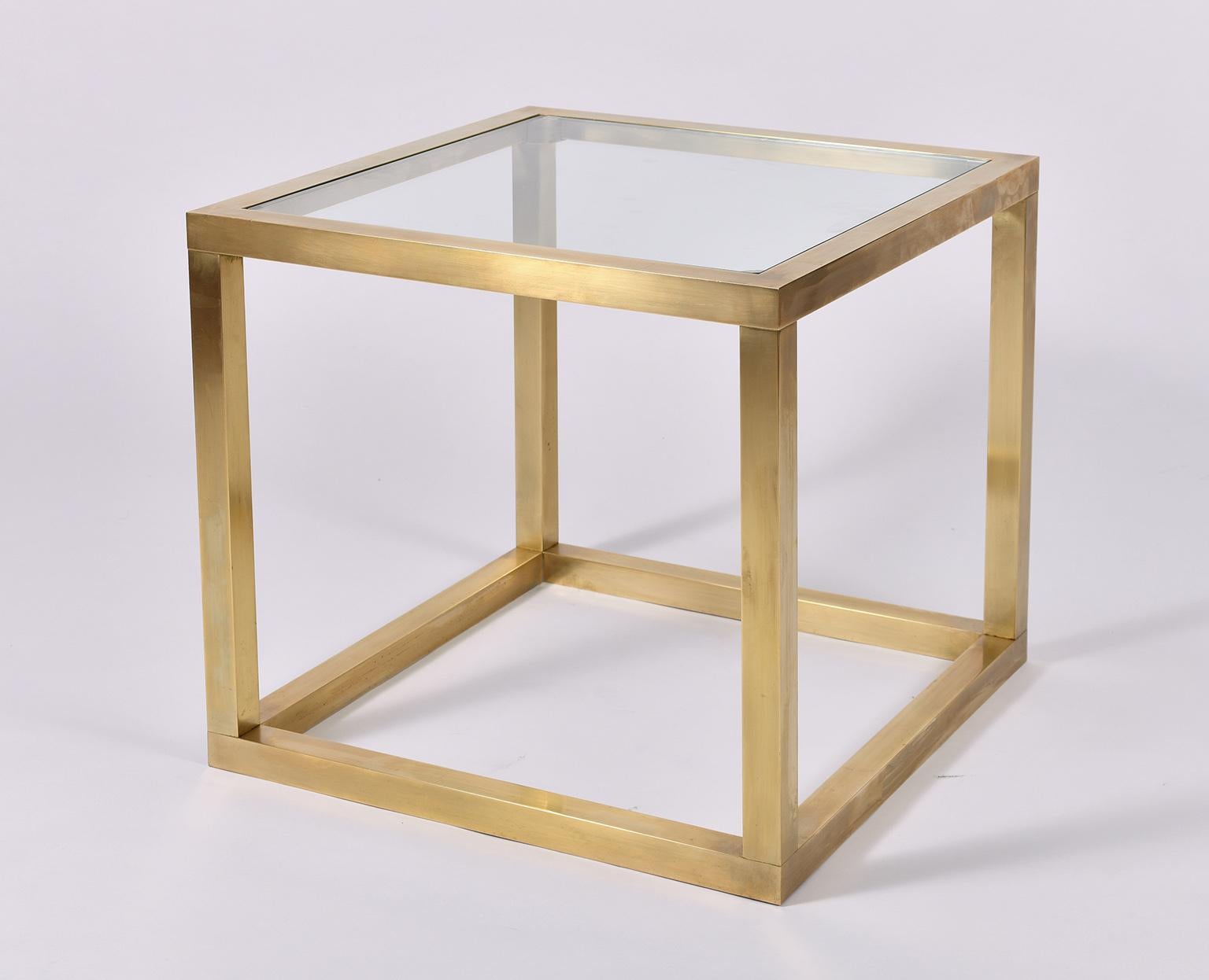 Mid-Century Modern 1970s Brass Square Glass Top Side Table