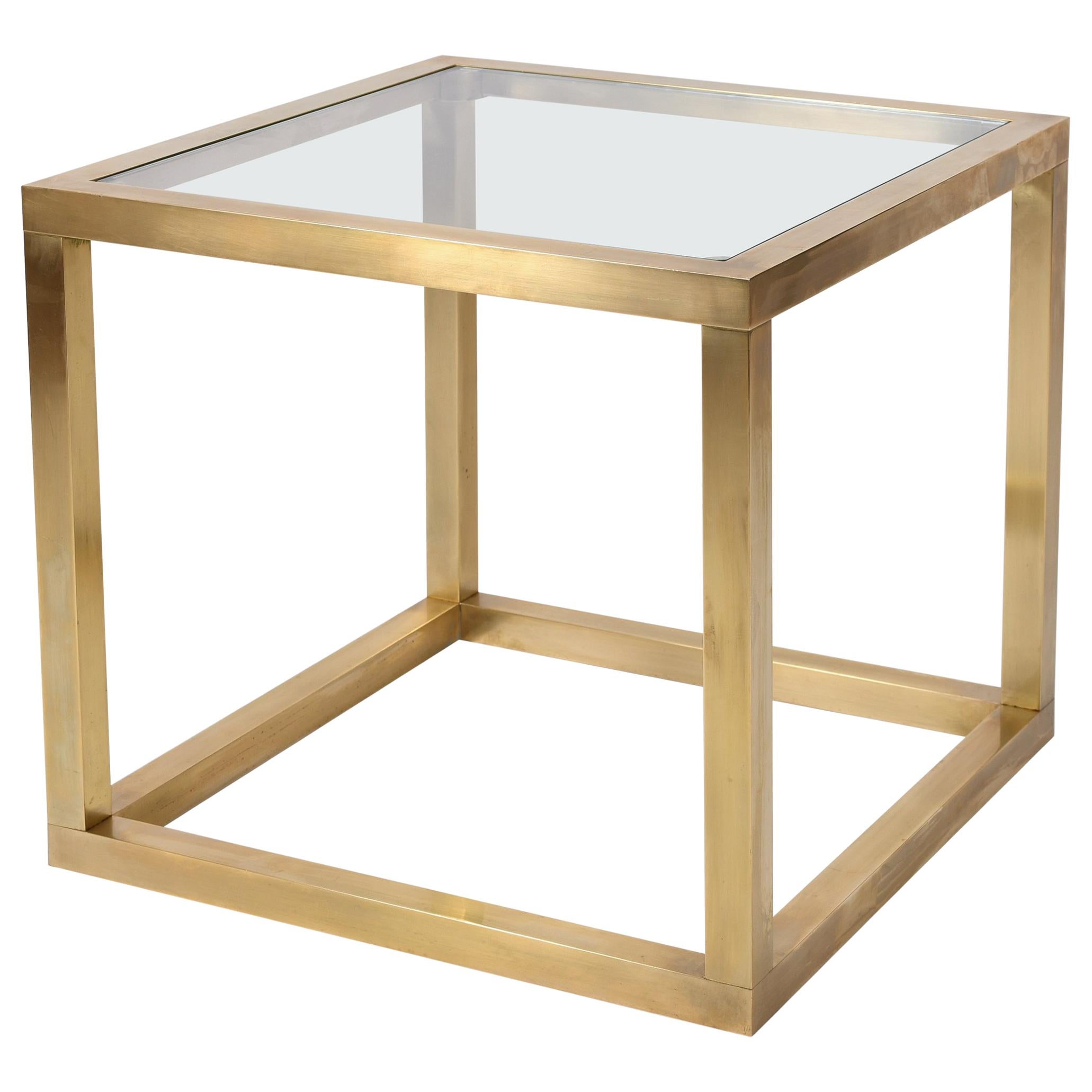 1970s Brass Square Glass Top Side Table
