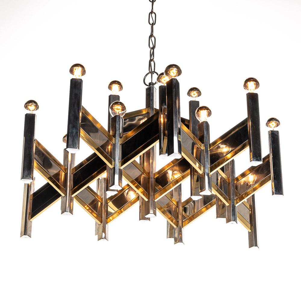 Italian 1970’s Brass & Steel Chandelier by Gaetano Sciolari For Sale