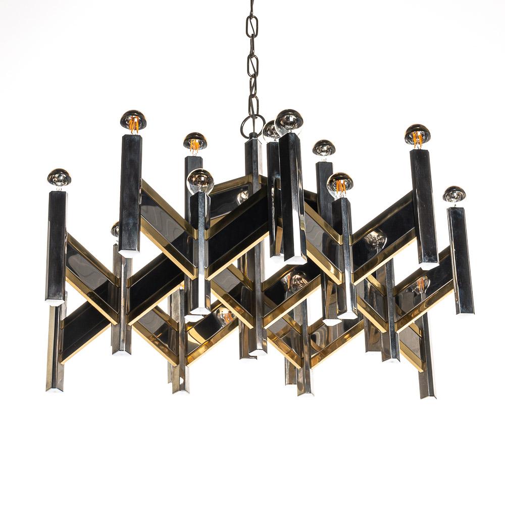 1970’s Brass & Steel Chandelier by Gaetano Sciolari In Good Condition For Sale In Schoorl, NH