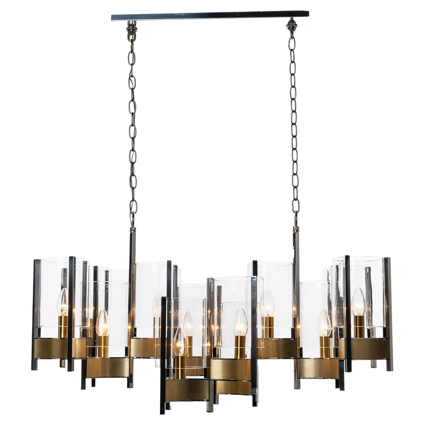 1970’s Brass & Steel Chandelier by Gaetano Sciolari For Sale