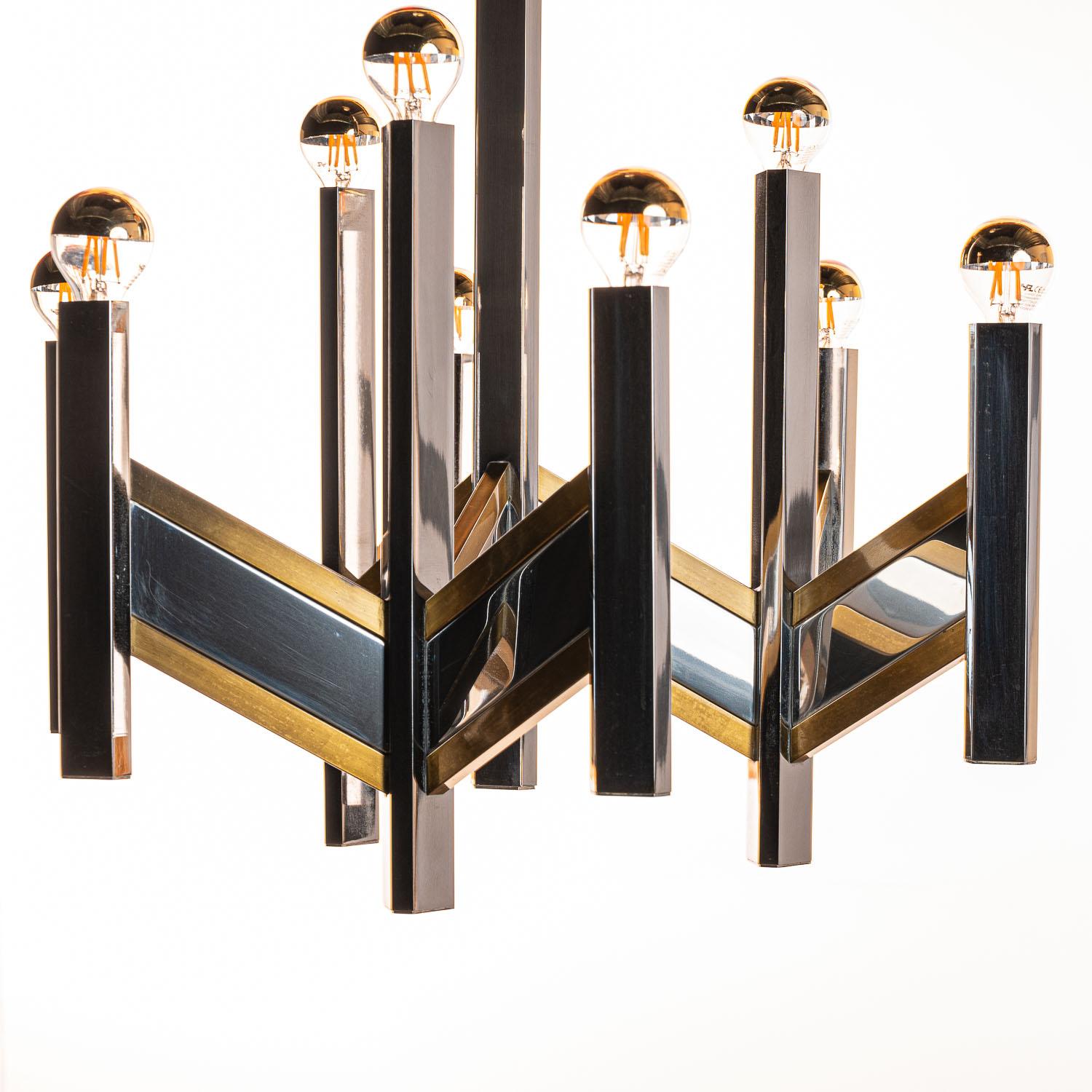 1970’s Brass & Steel Chandelier by Gaetano Sciolari For Sale 1