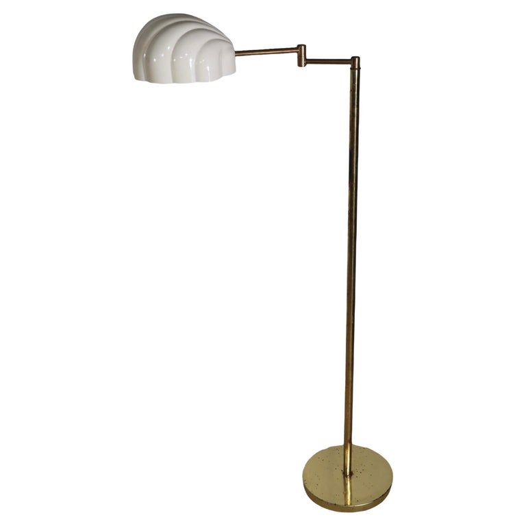 1970's Brass Swing Arm Floor Lamp with White Plastic Shell Shade For ...