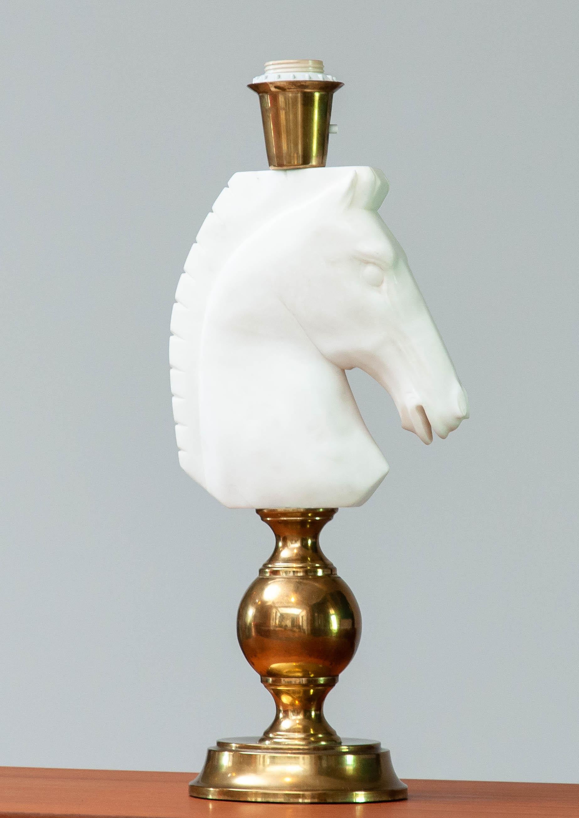 Organic Modern 1970's Brass Table Lamp with Large White Hand Cut Italian Alabaster Horse Head For Sale