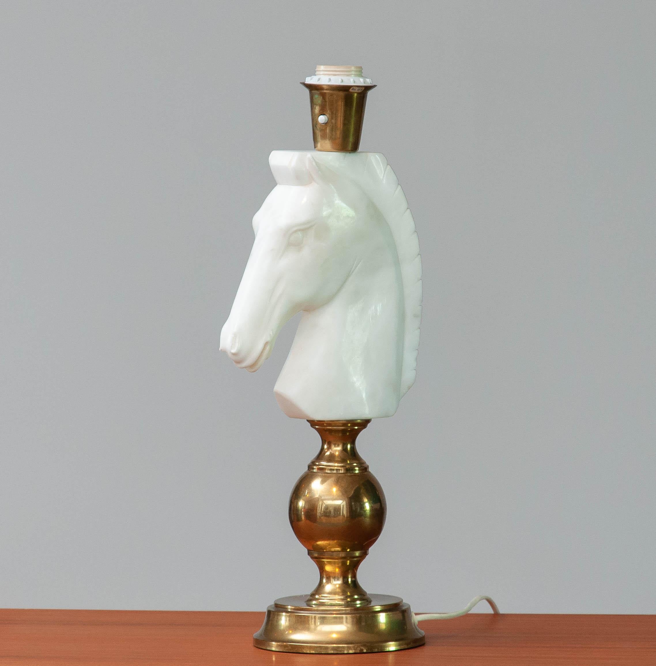 Late 20th Century 1970's Brass Table Lamp with Large White Hand Cut Italian Alabaster Horse Head For Sale