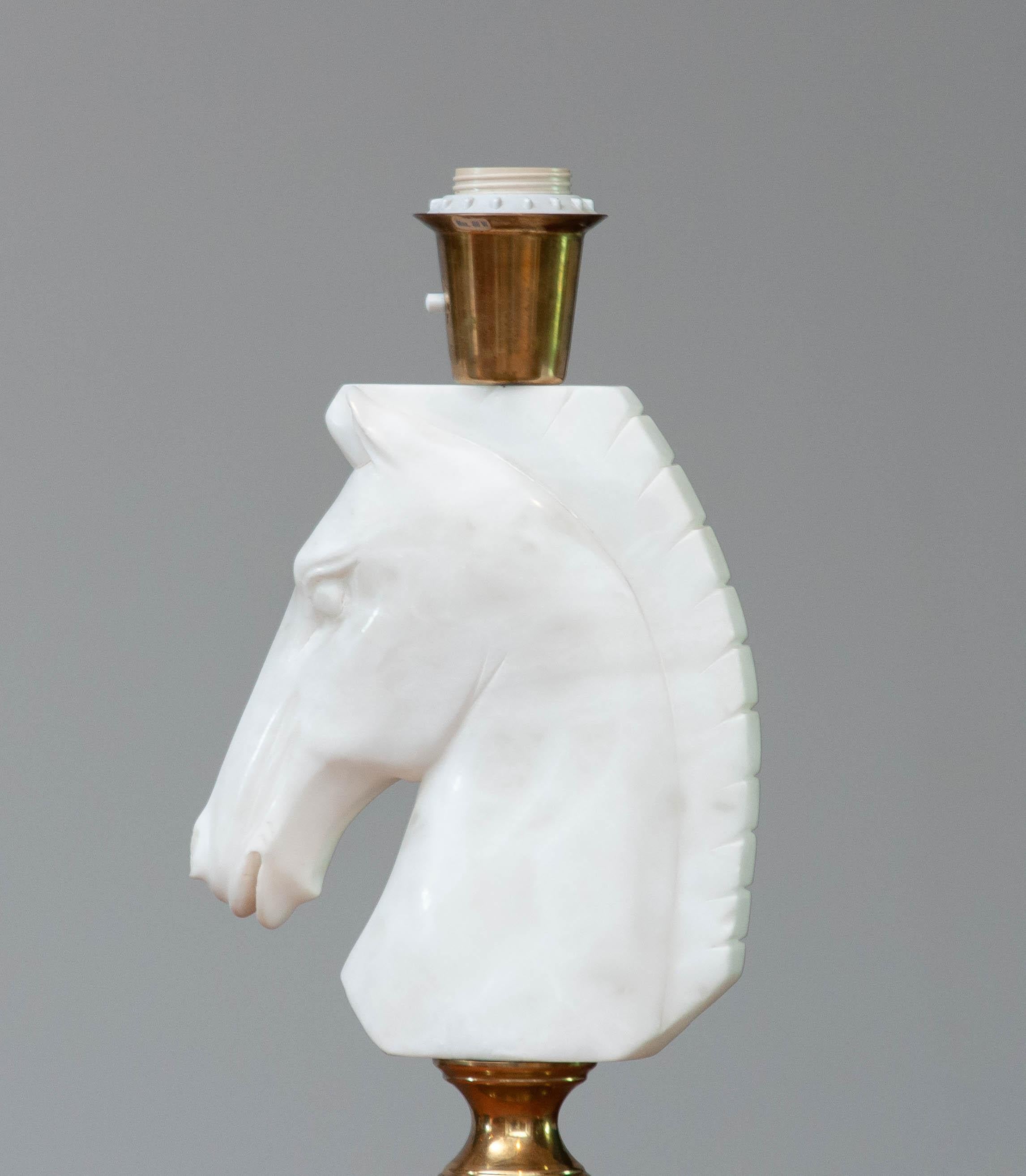 1970's Brass Table Lamp with Large White Hand Cut Italian Alabaster Horse Head For Sale 2
