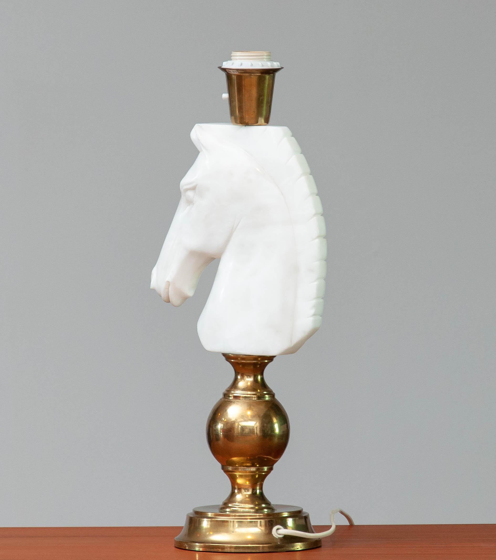 1970's Brass Table Lamp with Large White Hand Cut Italian Alabaster Horse Head For Sale 3