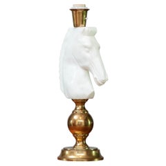 1970's Brass Table Lamp with Large White Hand Cut Italian Alabaster Horse Head
