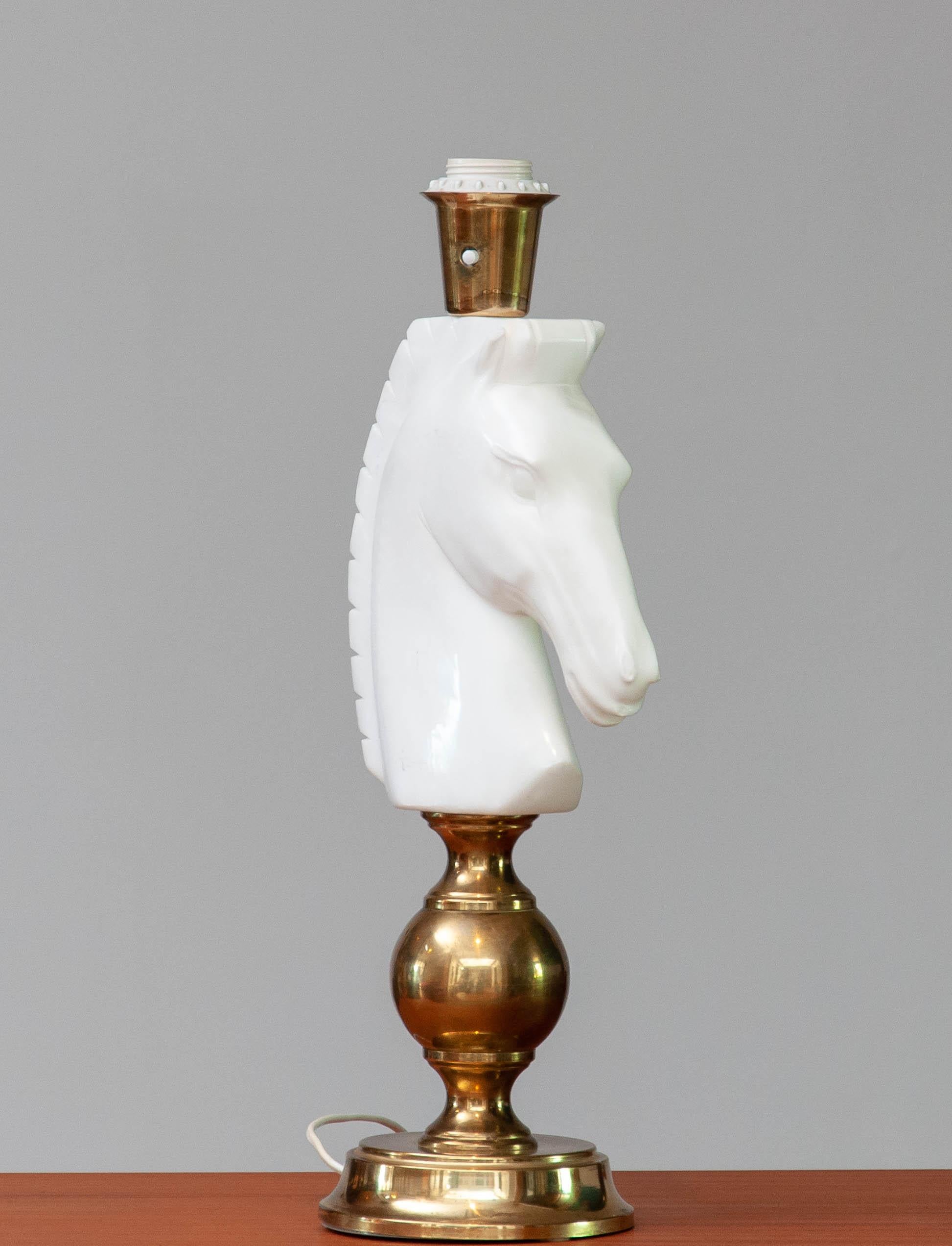 Organic Modern 1970's Brass Table Lamp With Large White Italian Alabaster Horse Head For Sale