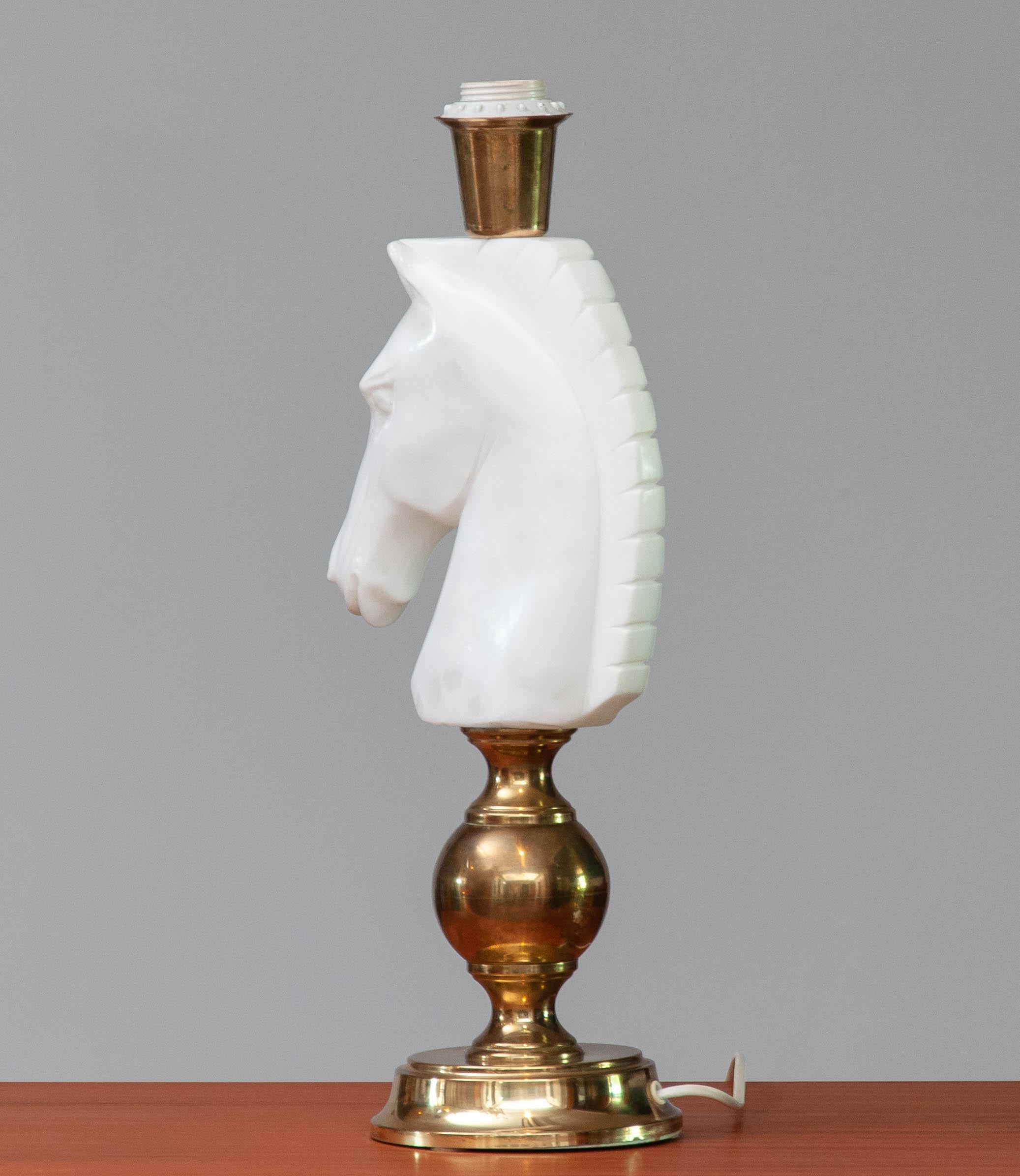 Late 20th Century 1970's Brass Table Lamp With Large White Italian Alabaster Horse Head For Sale
