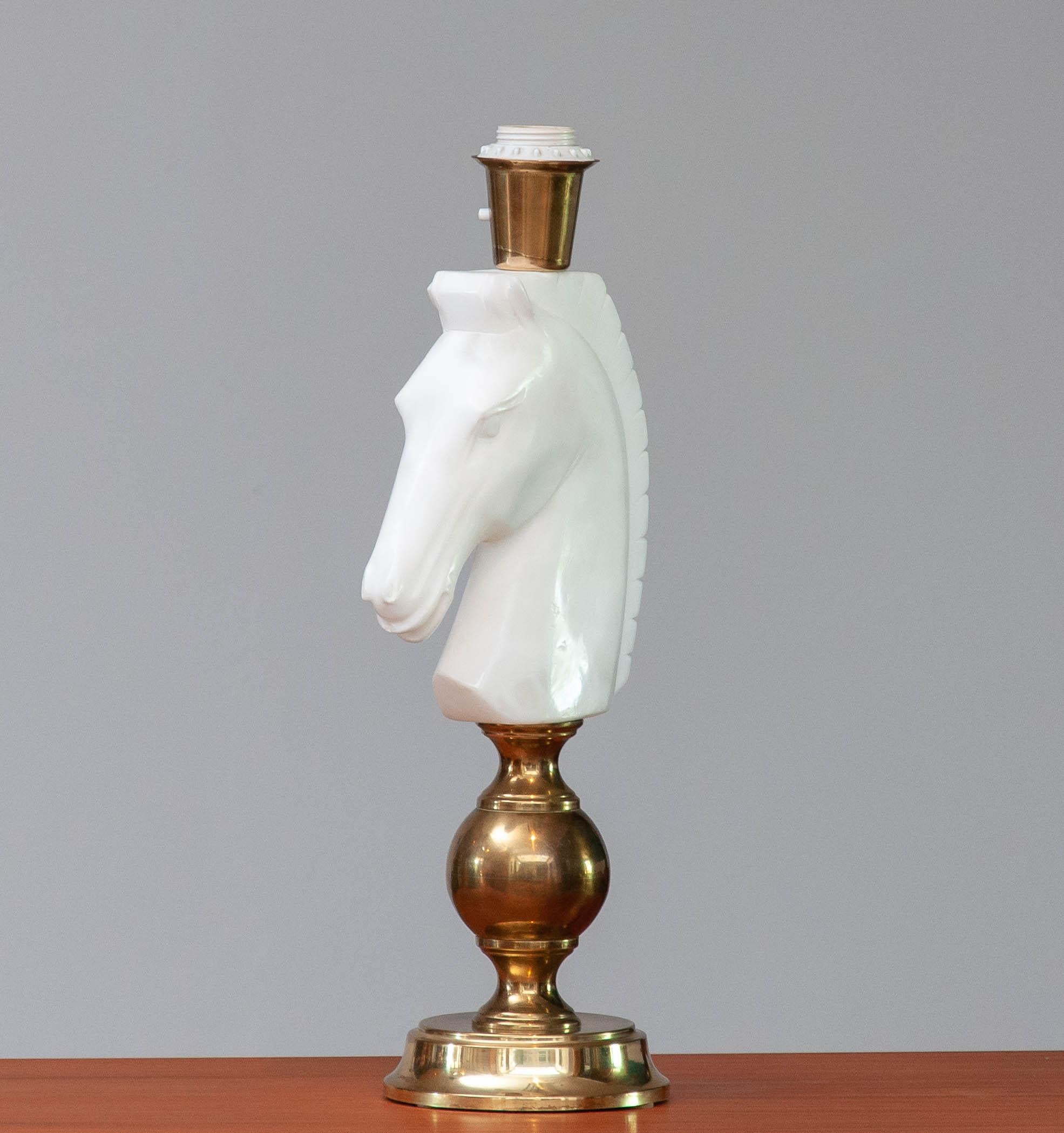 1970's Brass Table Lamp With Large White Italian Alabaster Horse Head For Sale 1
