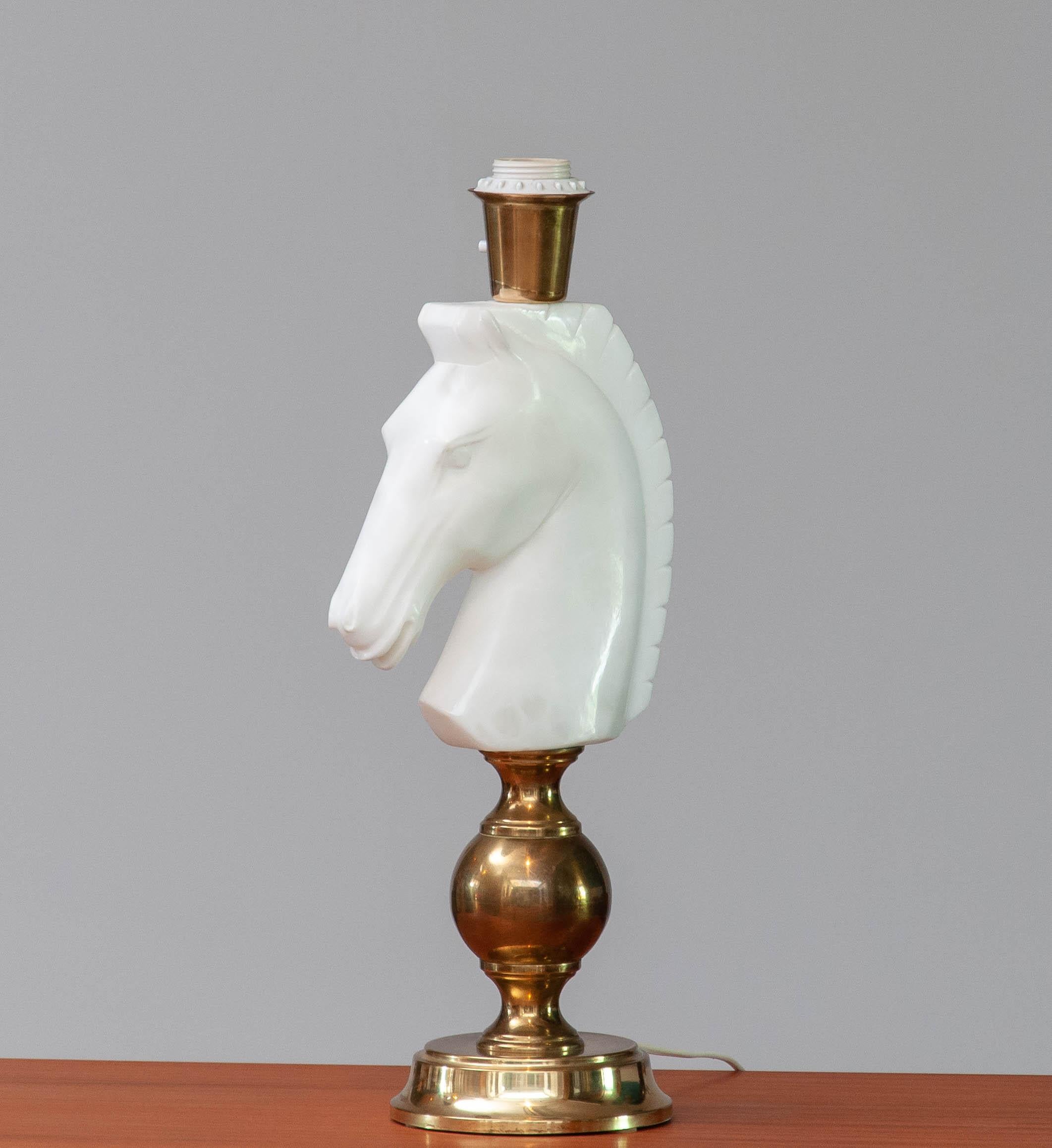 1970's Brass Table Lamp With Large White Italian Alabaster Horse Head For Sale 2