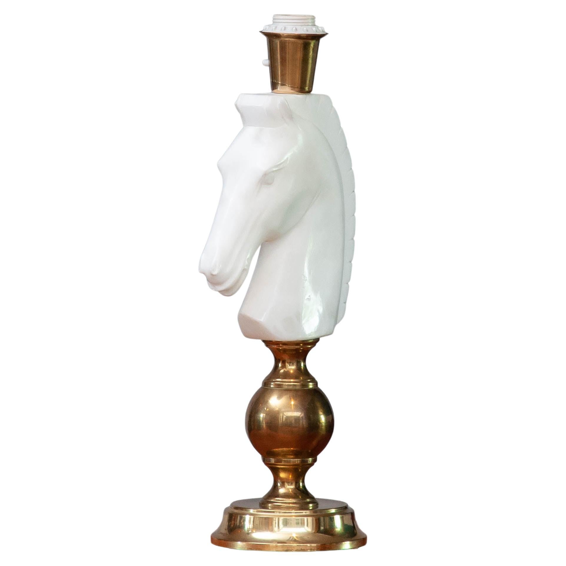 1970's Brass Table Lamp With Large White Italian Alabaster Horse Head For Sale