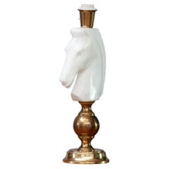 1970's Brass Table Lamp With Large White Italian Alabaster Horse Head