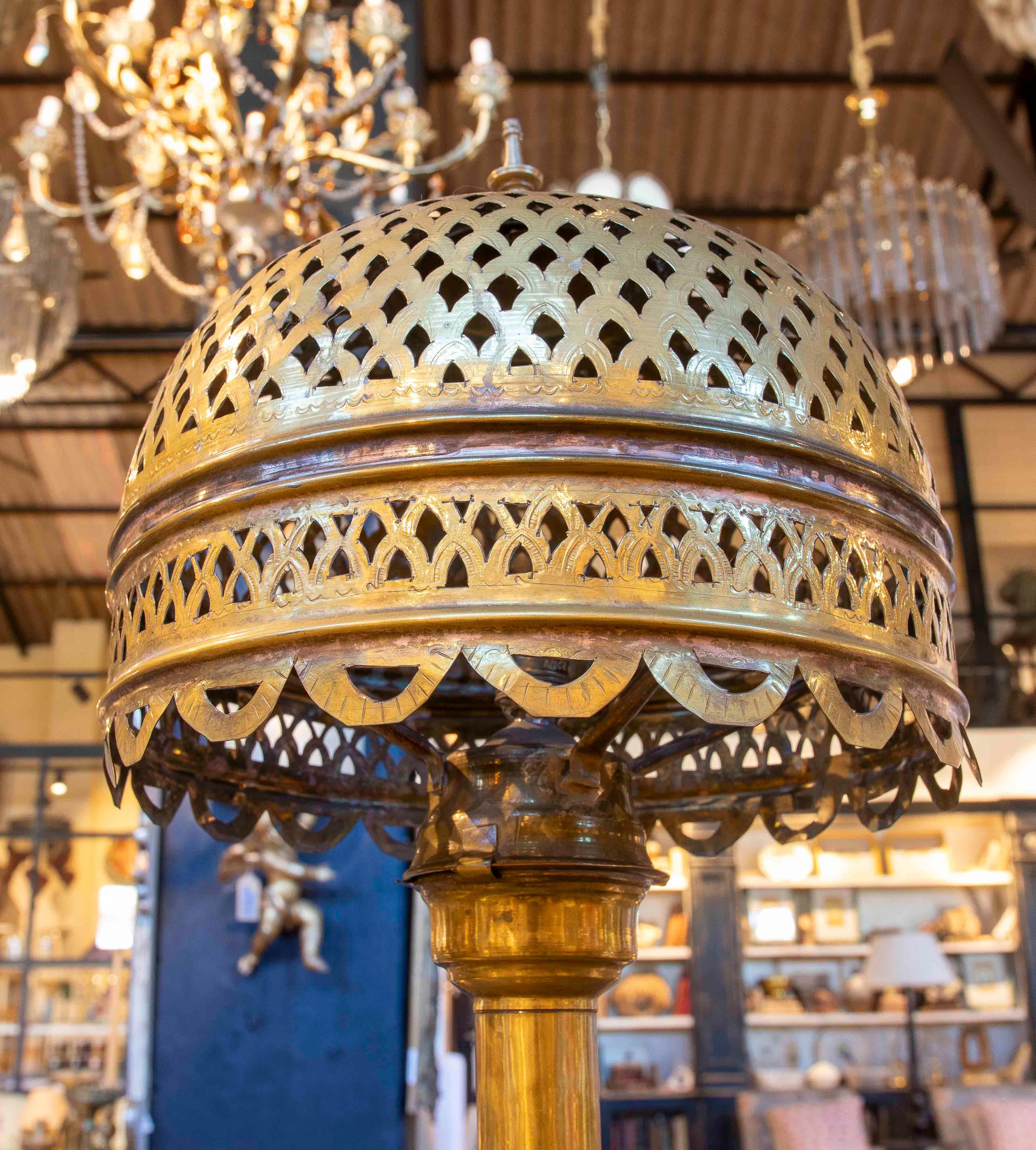 20th Century 1970s Brass Table Lamp with Openwork Shade