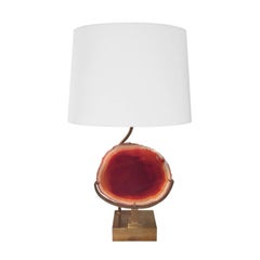 1970s Brass Table Lamp with Round Agate Slice by Willy Daro