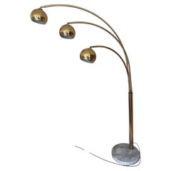 1970s Brass Three-Arm Arc Floor Lamp with Marble Base