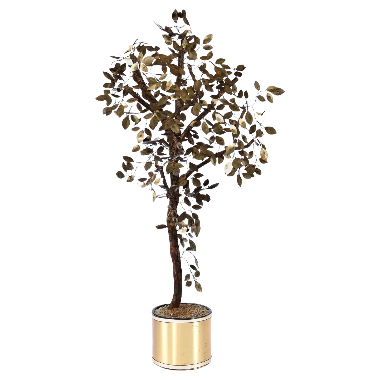 1970s Brass Tree Sculpture, Patinated Metal, Mid-Century Modern, 73 in