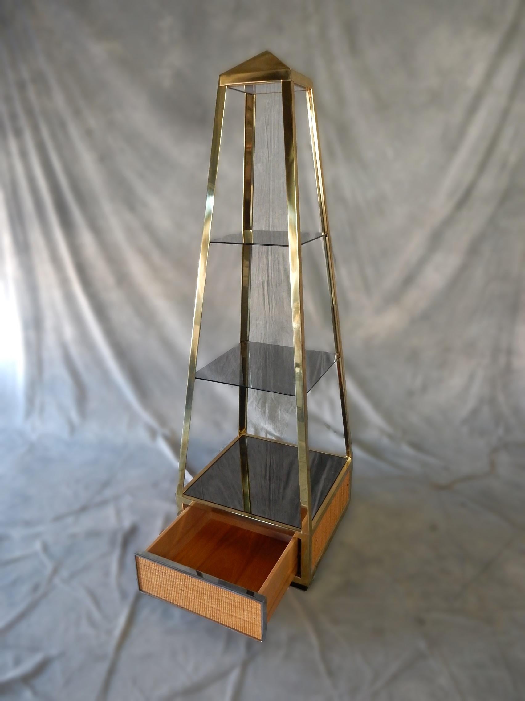 1970's Brass Wicker Obelisk Curio Etagere' Vitrine by Romeo Rega, Mario Sabot  For Sale 1