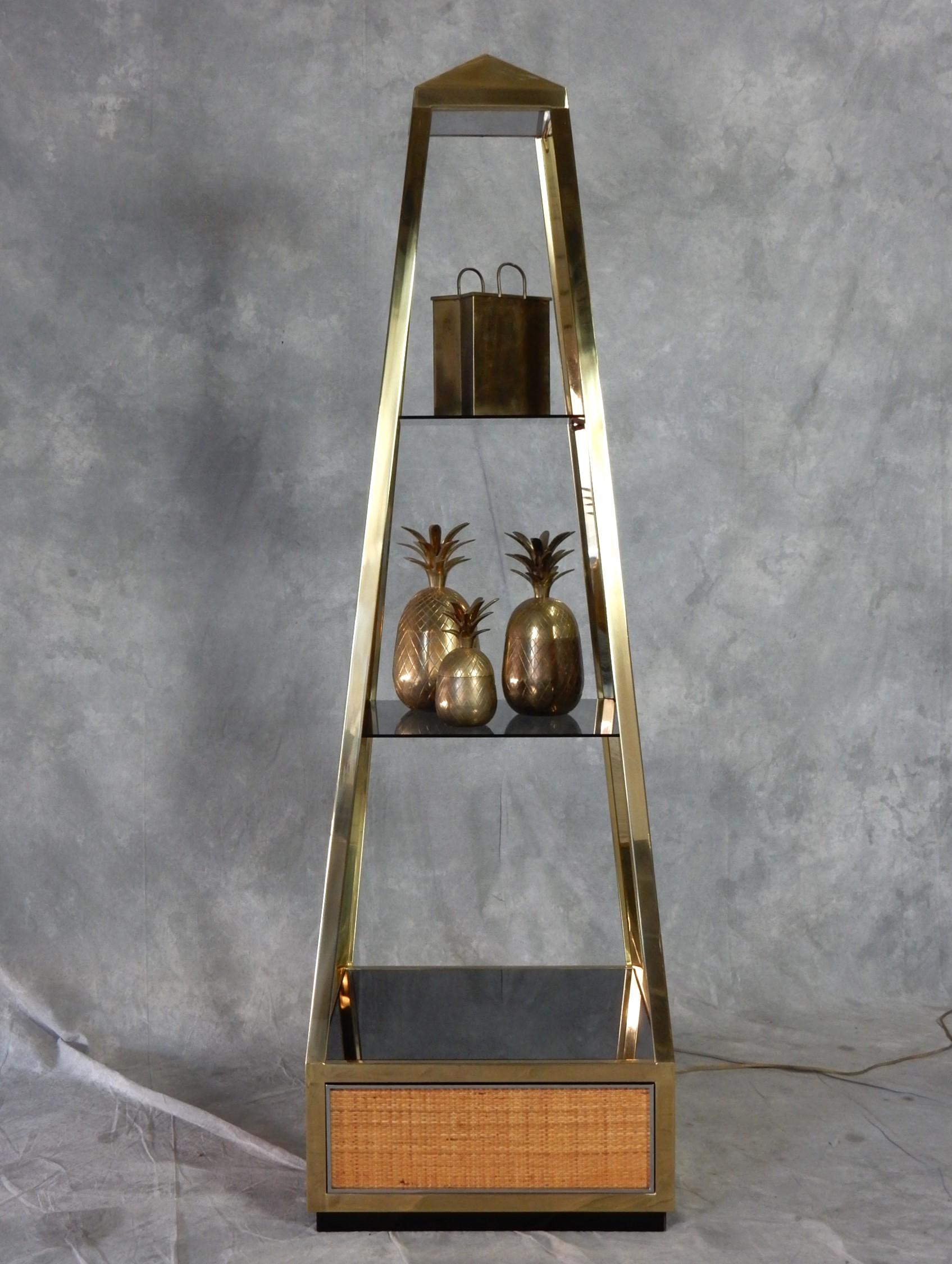 1970's Brass Wicker Obelisk Curio Etagere' Vitrine by Romeo Rega, Mario Sabot  For Sale 2