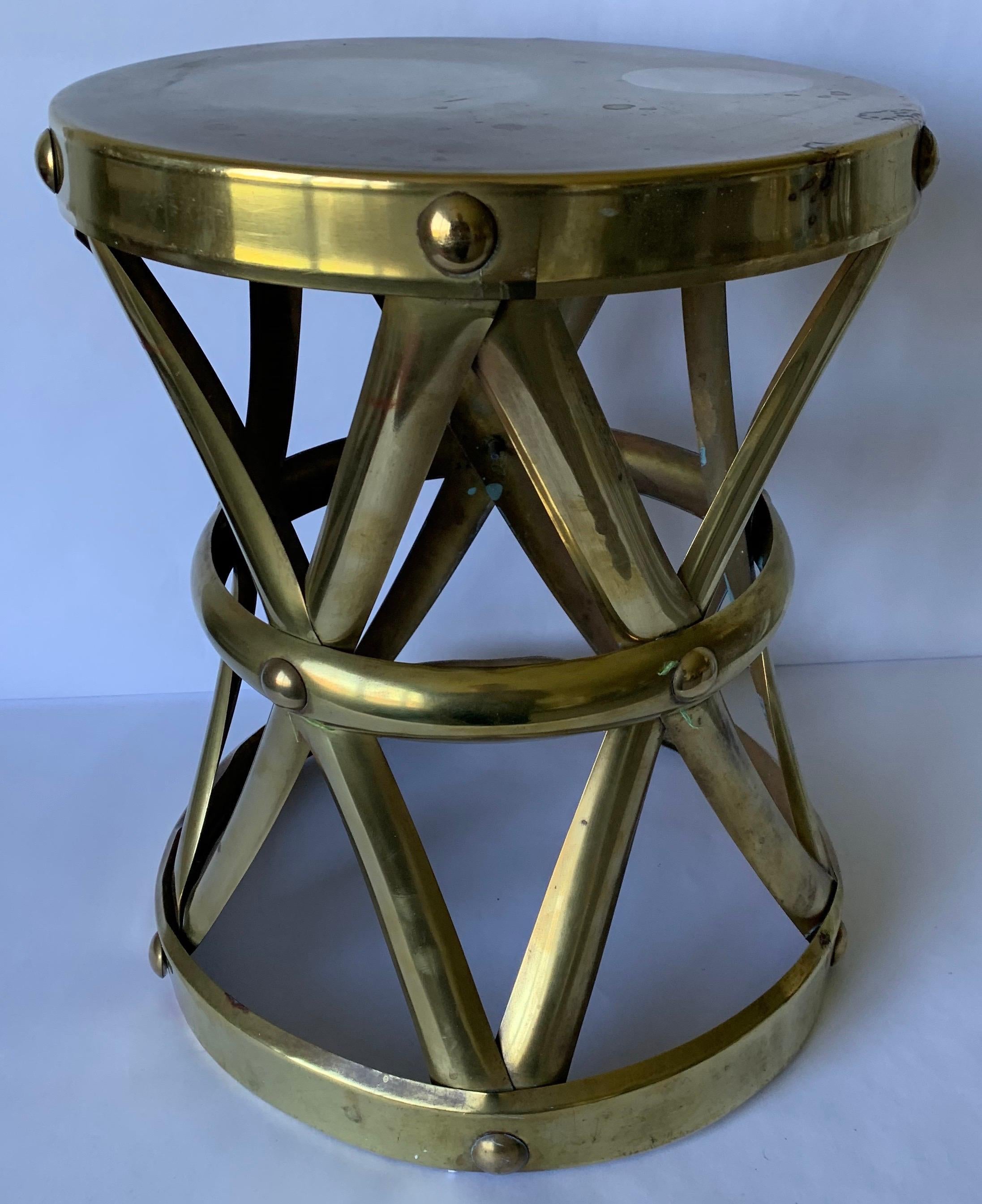 Polished 1970s Brass X-Frame Tabouret Stool