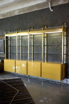 1970s Brass, Glass and Lacquer Wall Unit, Lighted