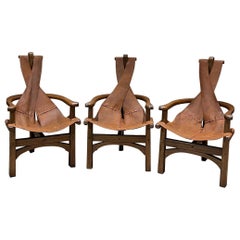 1970s Brazilian Safari Set Three Leather Sling Chairs Wood Base
