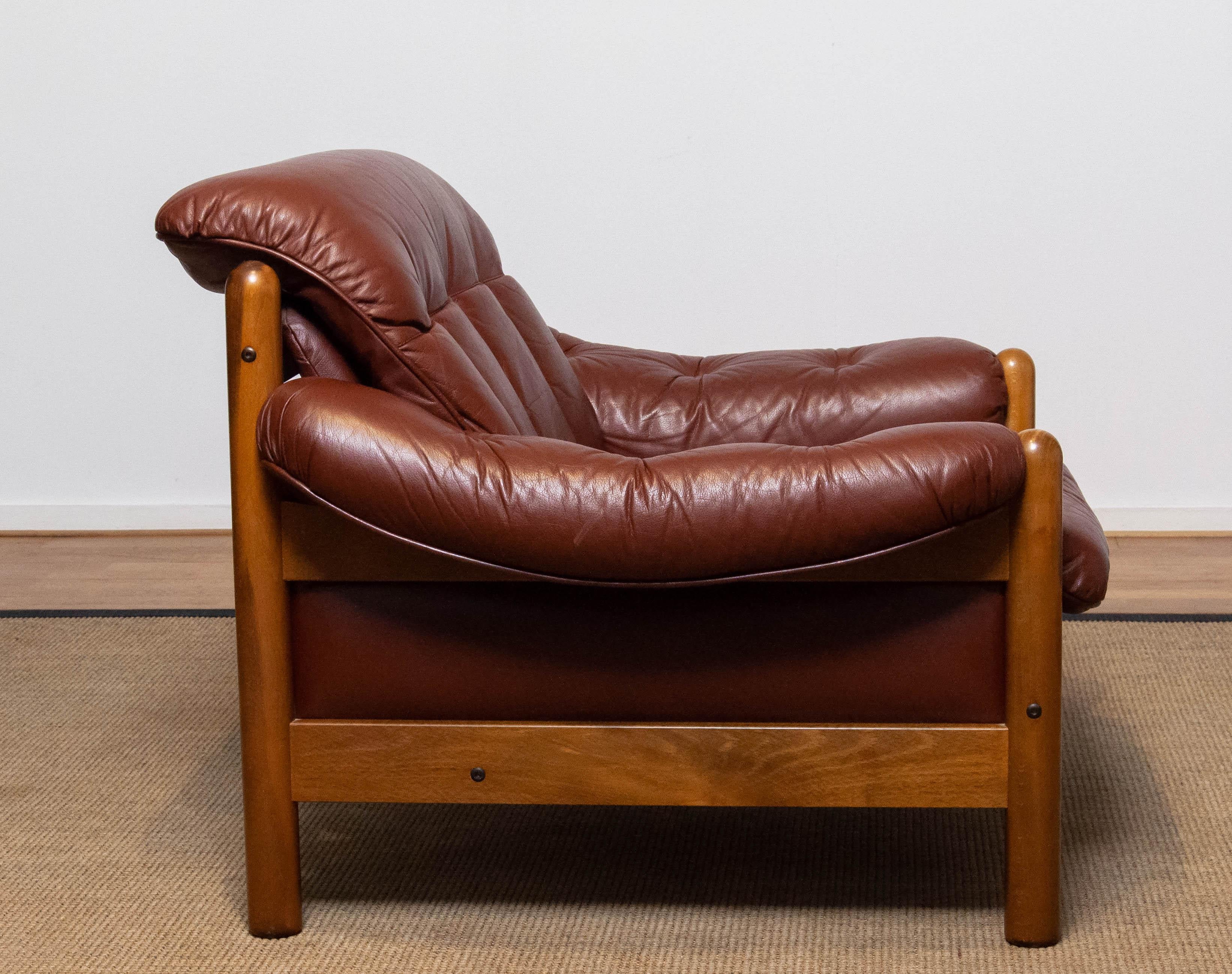 Beech 1970s Brazilian Style Brutal Lounge Chair in Brown Leather by Göte Möbler Nässjö