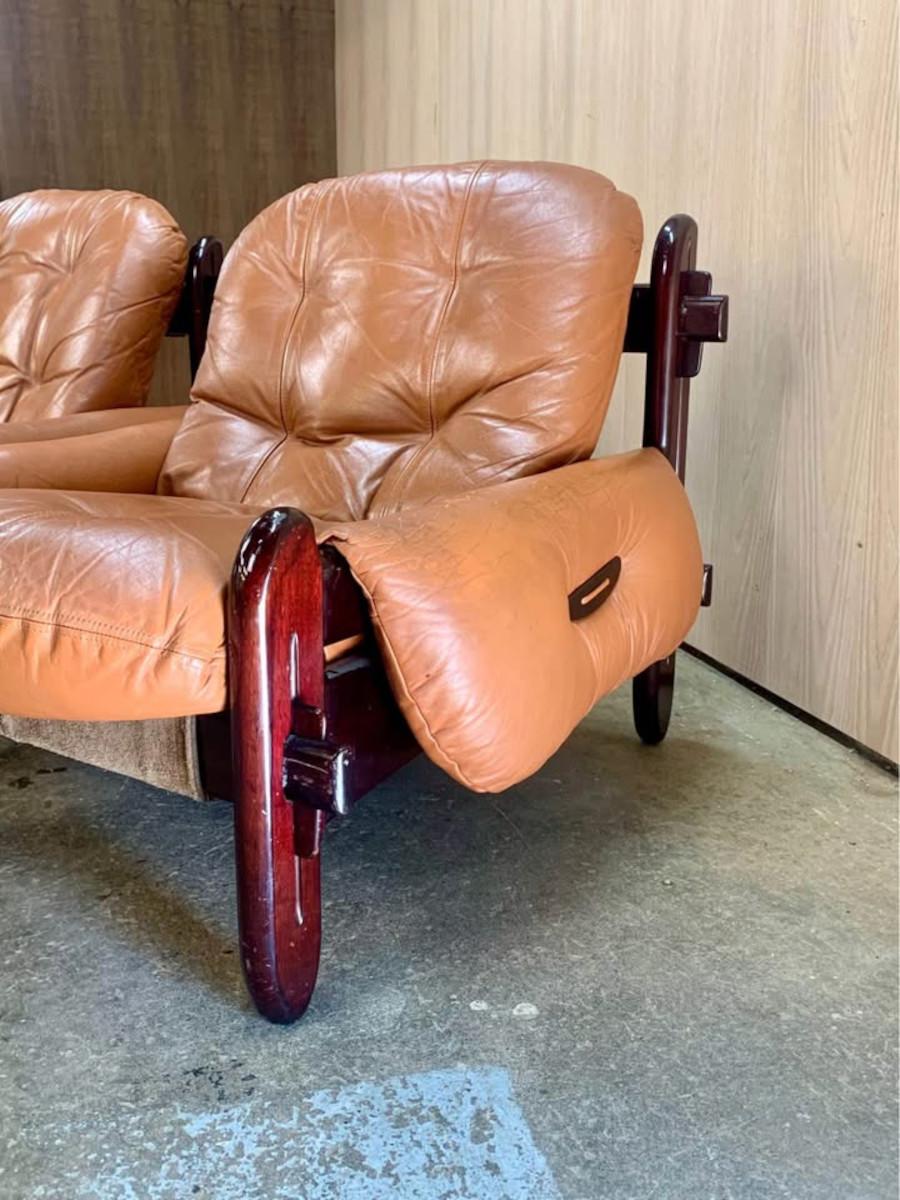 Mid-Century Modern 1970s Brazilian Wood and Leather Lounge Chairs by Jean Gillon