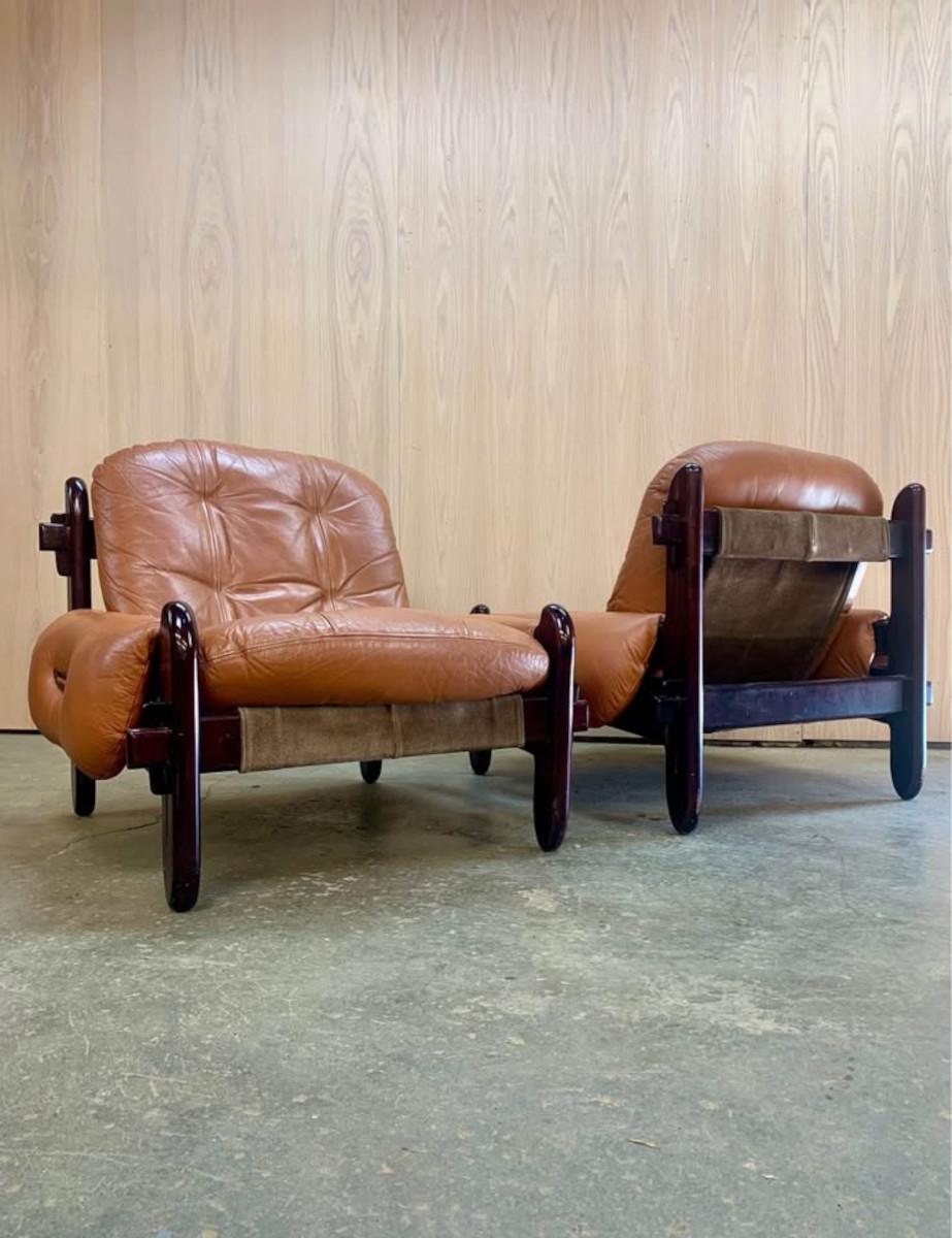 1970s Brazilian Wood and Leather Lounge Chairs by Jean Gillon In Excellent Condition In Victoria, BC
