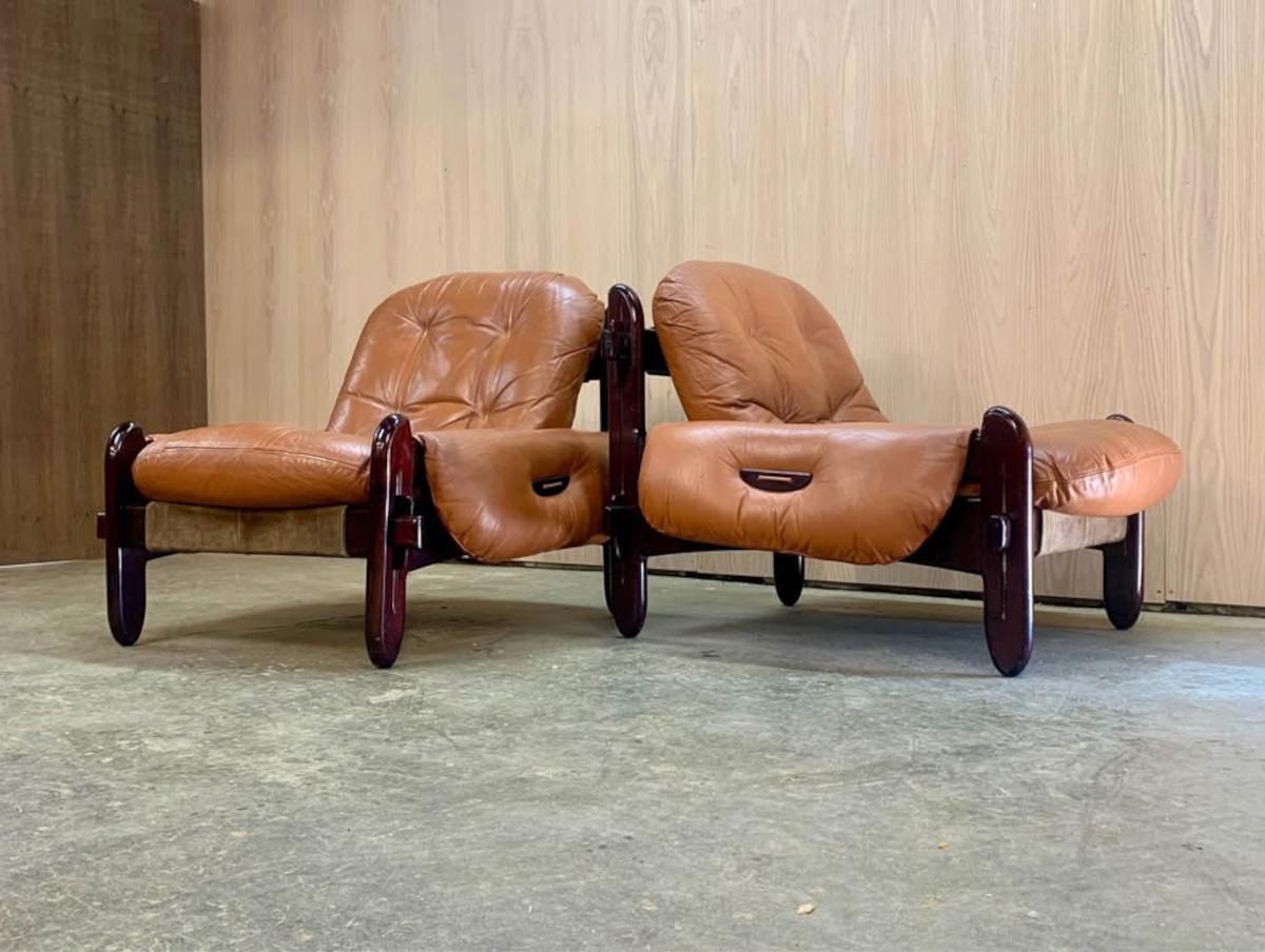 Late 20th Century 1970s Brazilian Wood and Leather Lounge Chairs by Jean Gillon