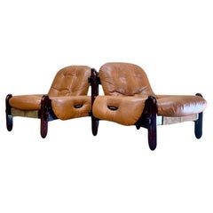 1970s Brazilian Wood and Leather Lounge Chairs by Jean Gillon
