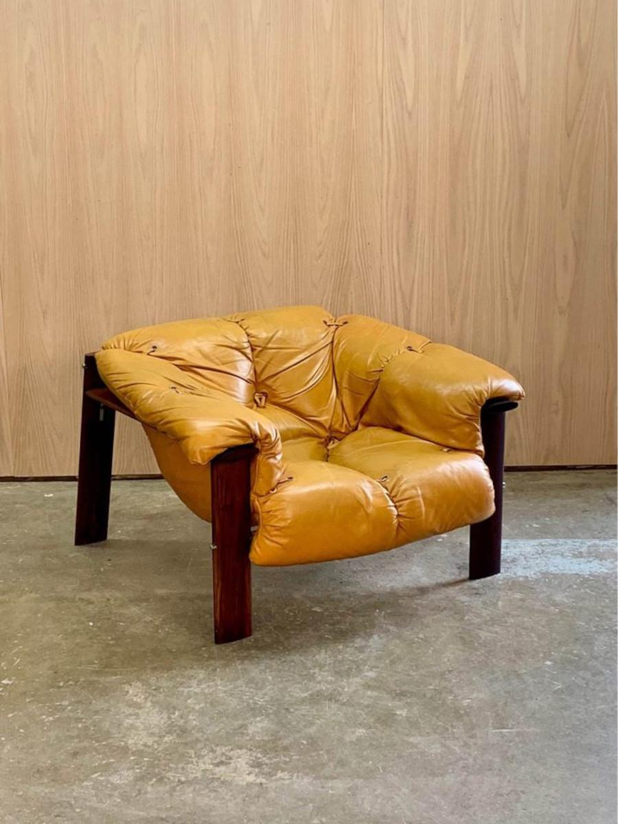 Mid-Century Modern 1970s Brazilian Wood and Leather MP131 Chair and Ottoman by Percival Lafer