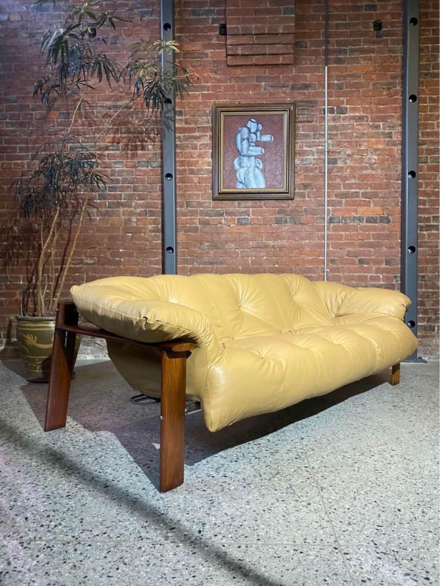 1970s Brazilian Wood and Leather MP131 Sofa by Percival Lafer 1