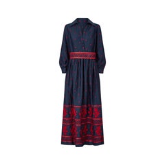 1970s Brenner Couture Navy and Red Embroidered Maxi Dress