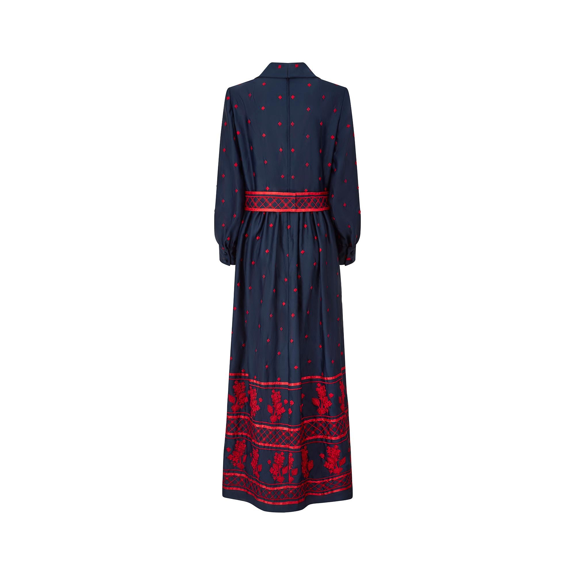 1970s Brenner Couture Navy and Red Embroidered Maxi Dress In Excellent Condition For Sale In London, GB