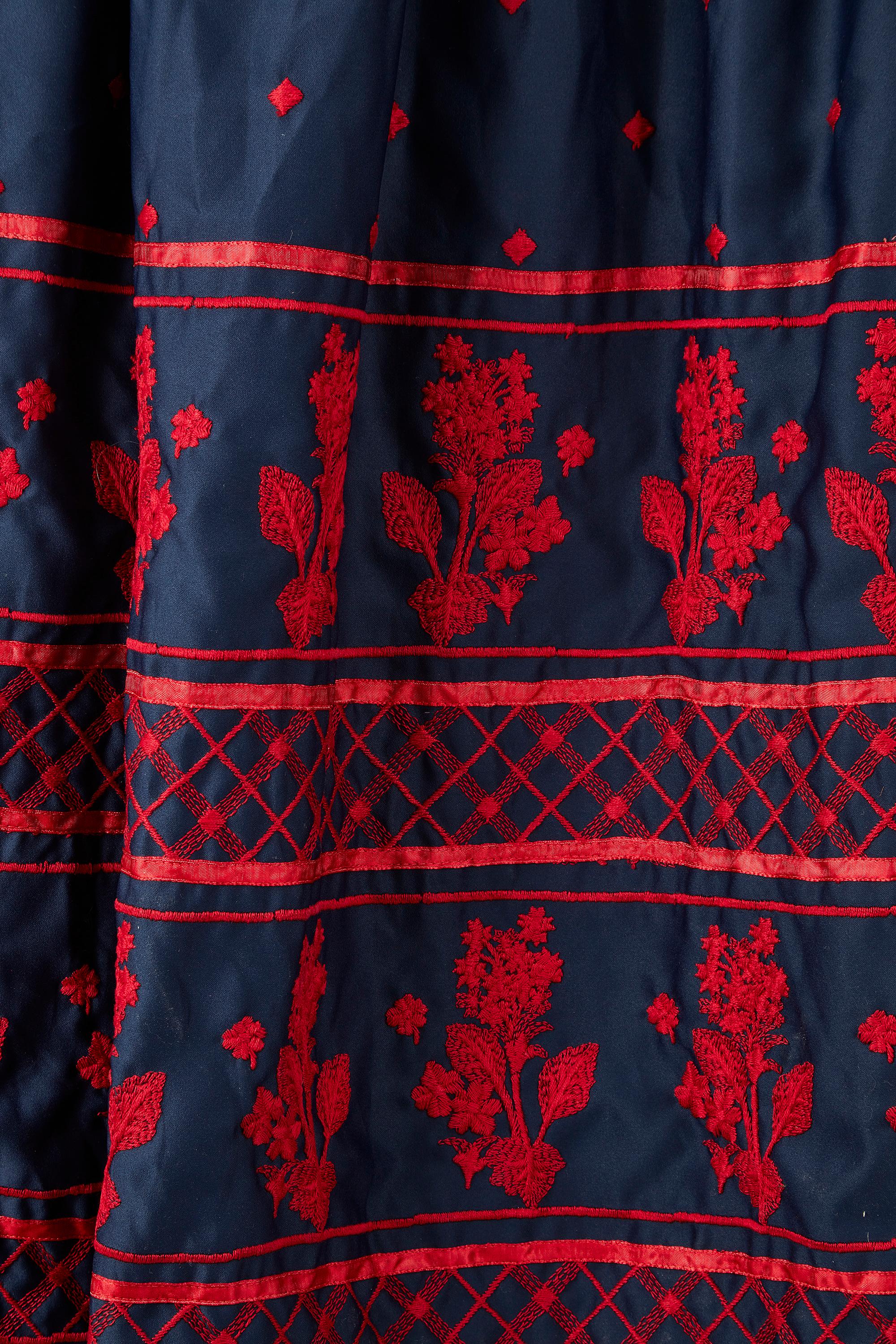Women's 1970s Brenner Couture Navy and Red Embroidered Maxi Dress For Sale