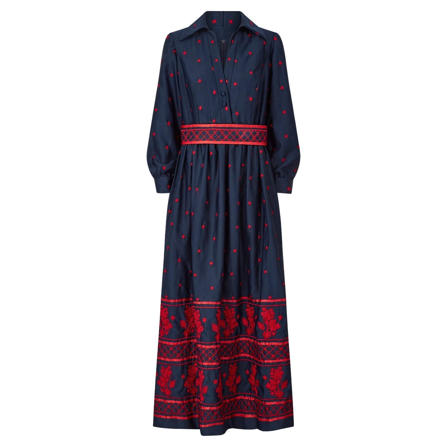 1970s Brenner Couture Navy and Red Embroidered Maxi Dress For Sale