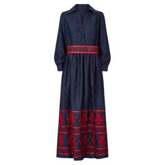 1970s Brenner Couture Navy and Red Embroidered Maxi Dress