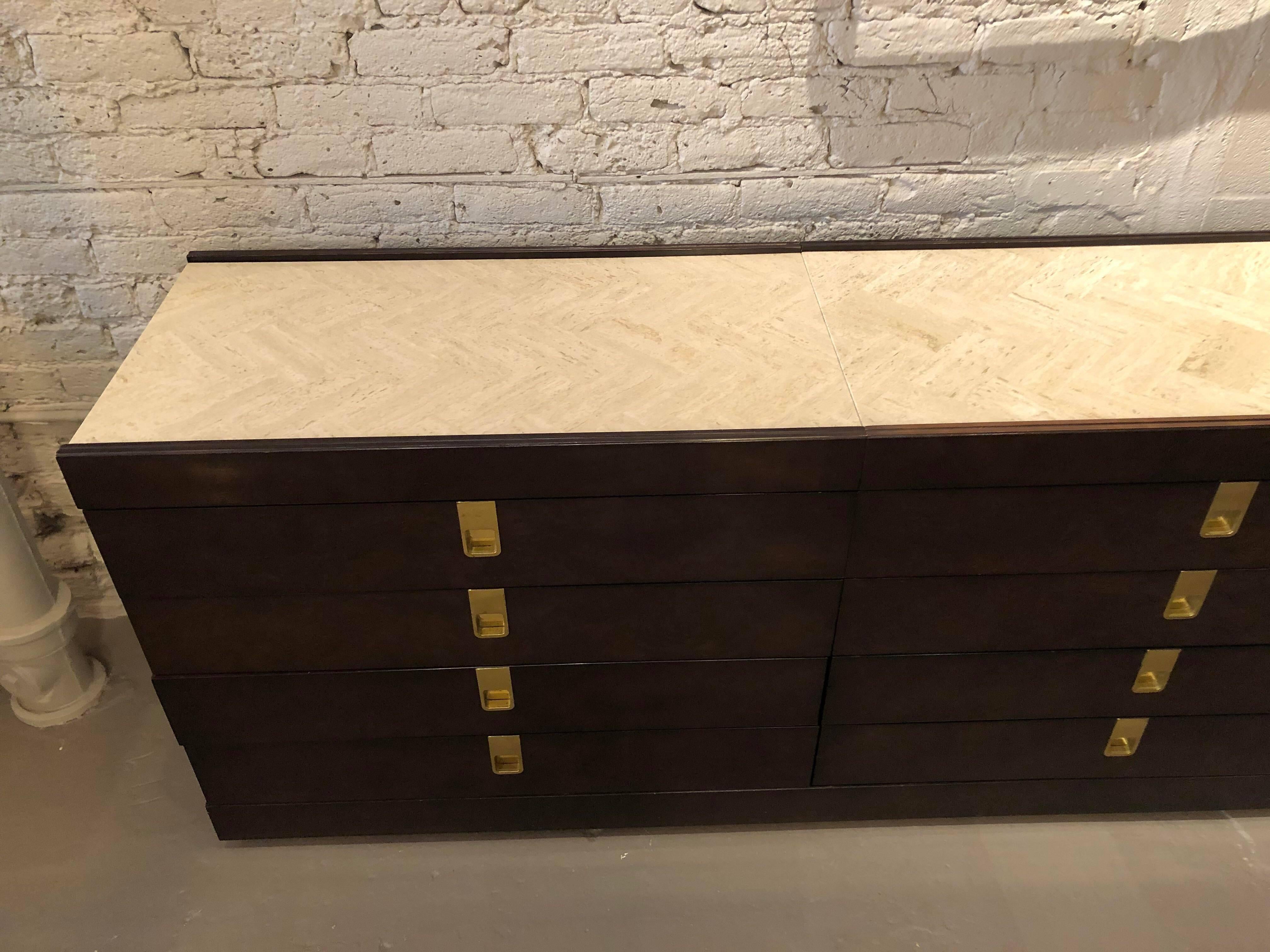 Beautiful modular bedroom set by Brian Palmer for Baker. Circa 1970s. Each piece is 36” wide. Two pieces sit in one board and attach with pins making it a 72” dresser.

You could also use them individually as 36” nightstands without the bottom