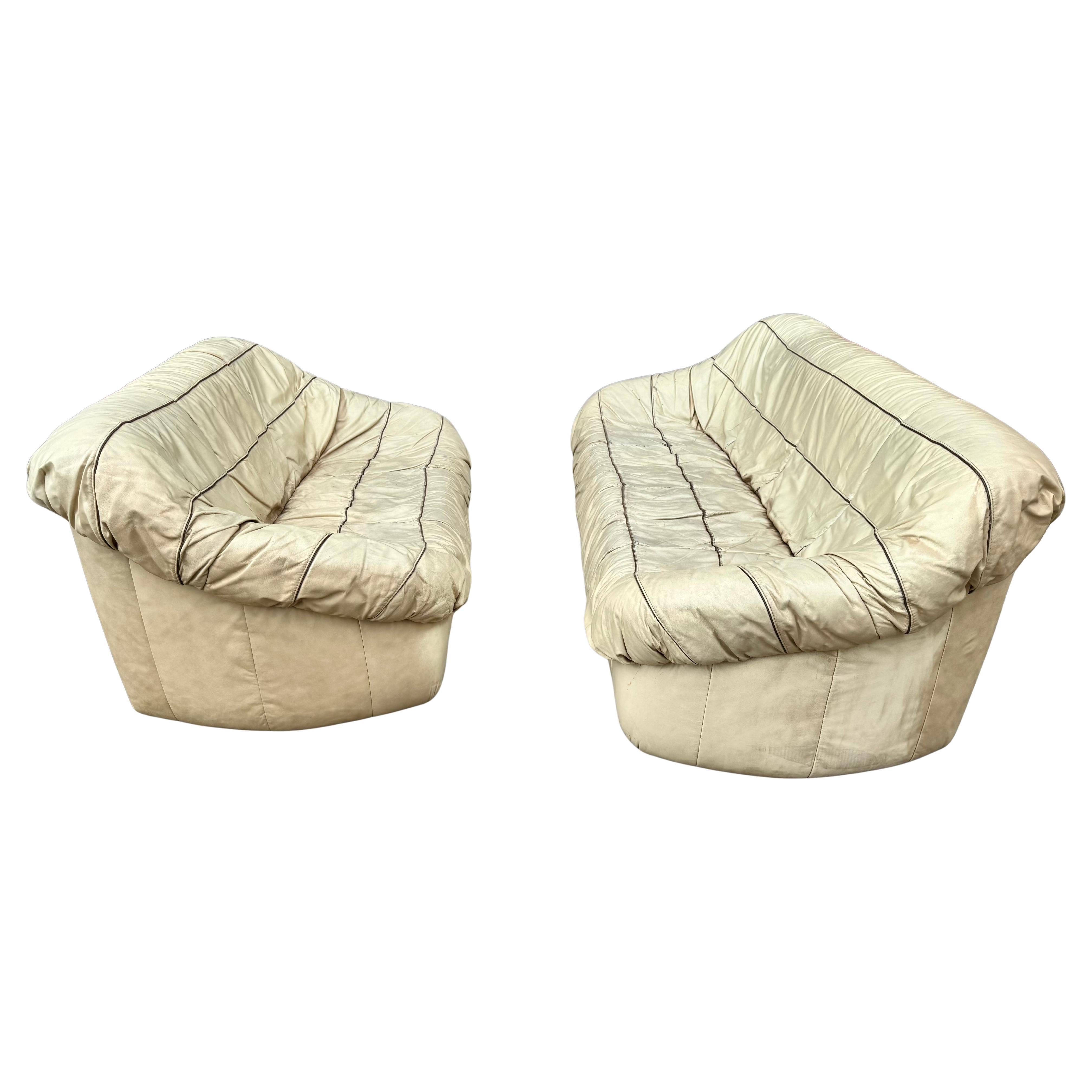 Sofá y butaca de cuero "Brigantine" de los años 70, por Michel Ducaroy / Ligne Roset en venta