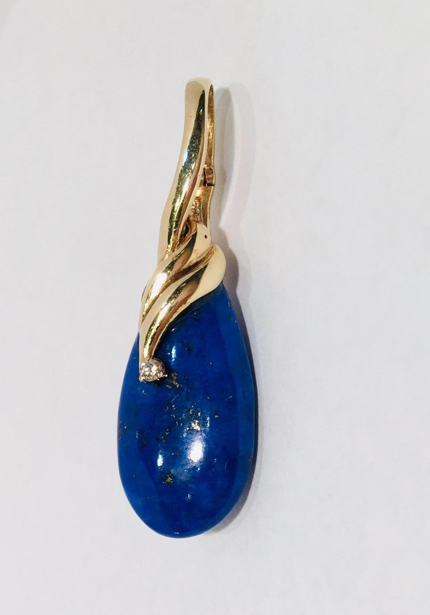 Artisan 1970s Bright Blue Lapis Lazuli Diamond 14 Karat Yellow Gold Enhancer Pendant