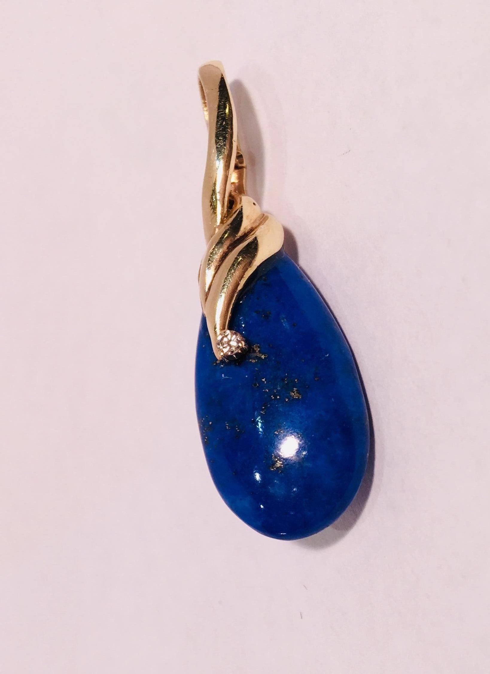 Pear Cut 1970s Bright Blue Lapis Lazuli Diamond 14 Karat Yellow Gold Enhancer Pendant
