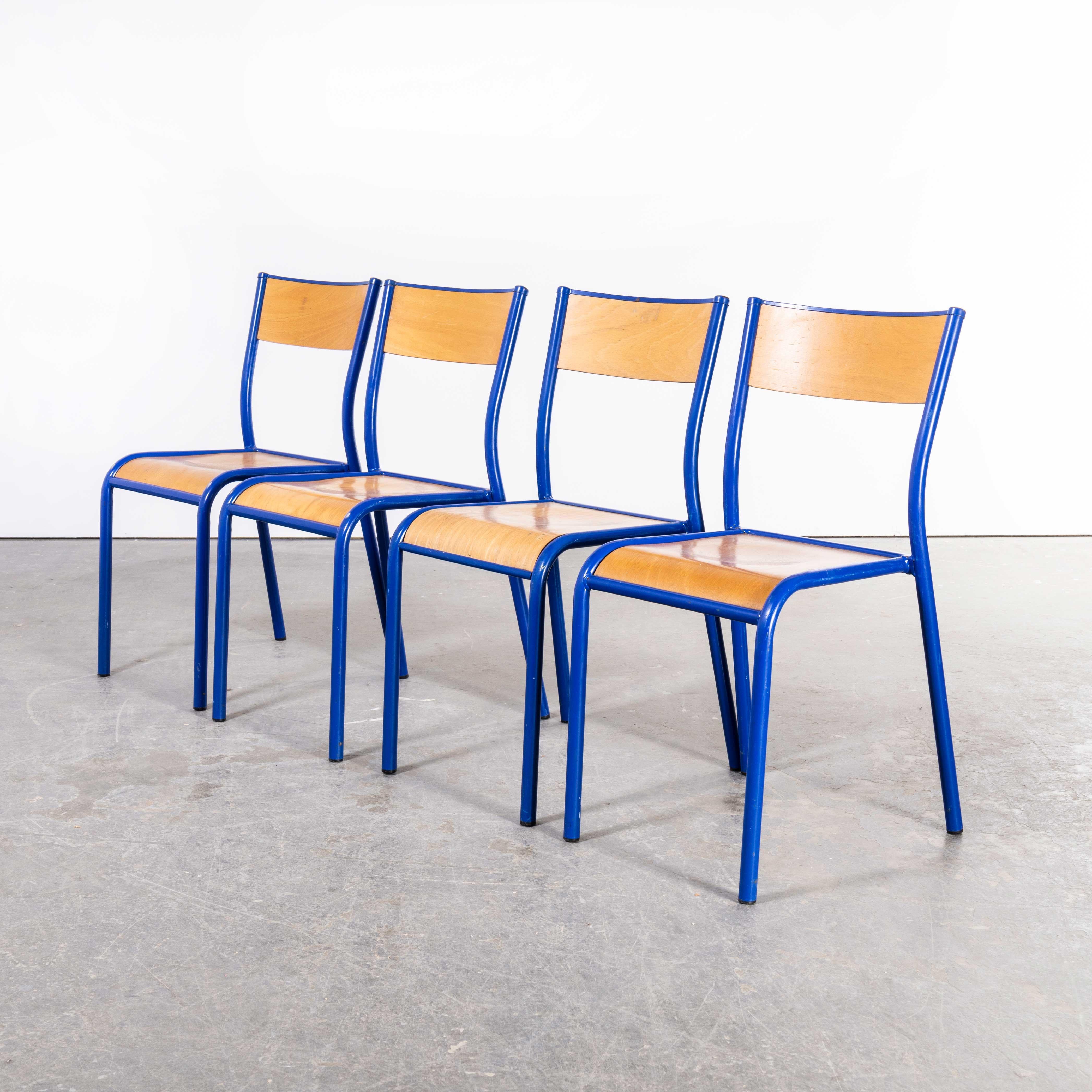 1970s Bright Blue Mullca Stacking Dining Chair, Beech Seat, Set of Four For Sale 1